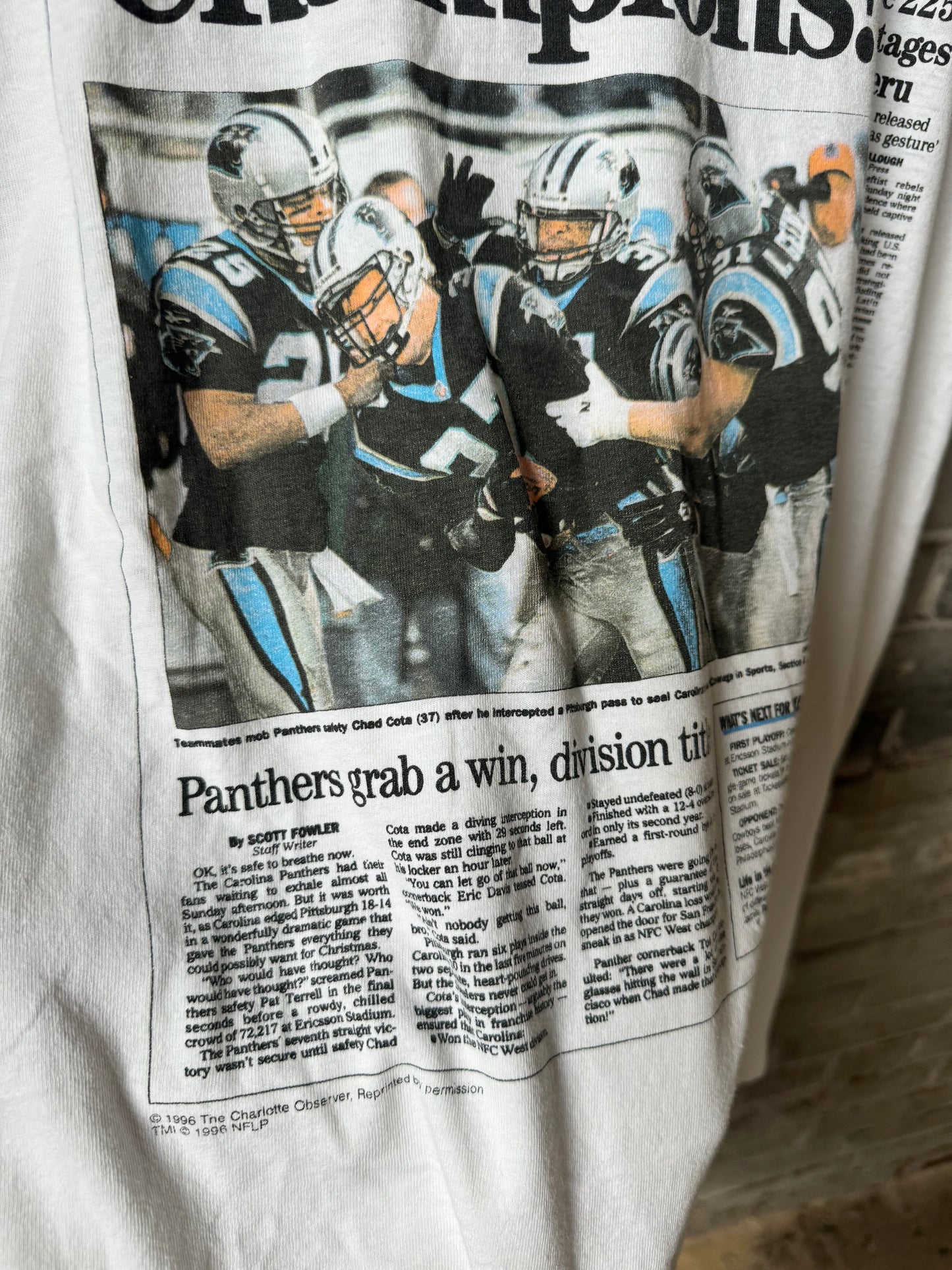 1996 Carolina Panthers Vintage White Charlotte Observer “Champions!” NFC West Division Champions Newspaper Clip NFL Tee (XL)