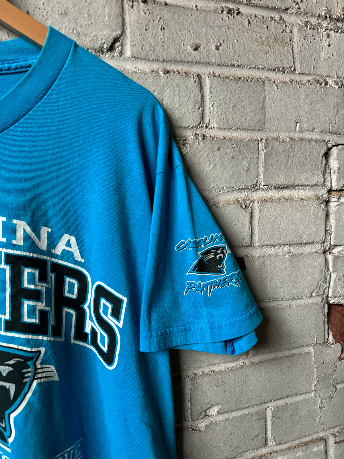 1998 Carolina Panthers Vintage Blue Lee Sport Cat Scratch Font NFL Tee (Large)