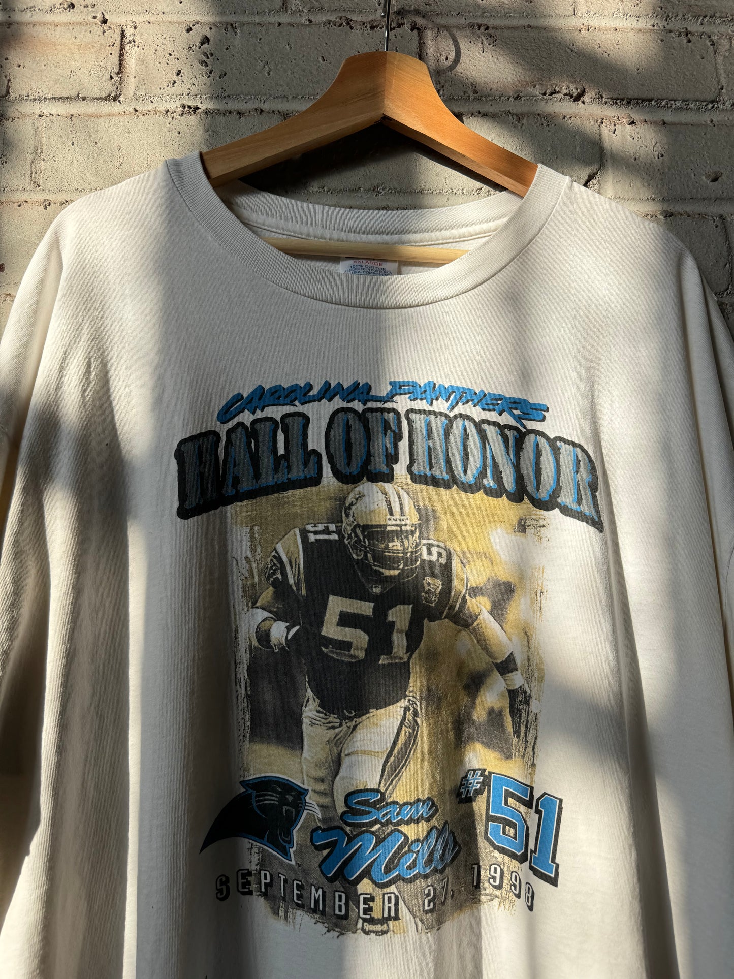 1998 Carolina Panthers Sam Mills Hall Of Honor Vintage White Champion NFL Tee (XXL)