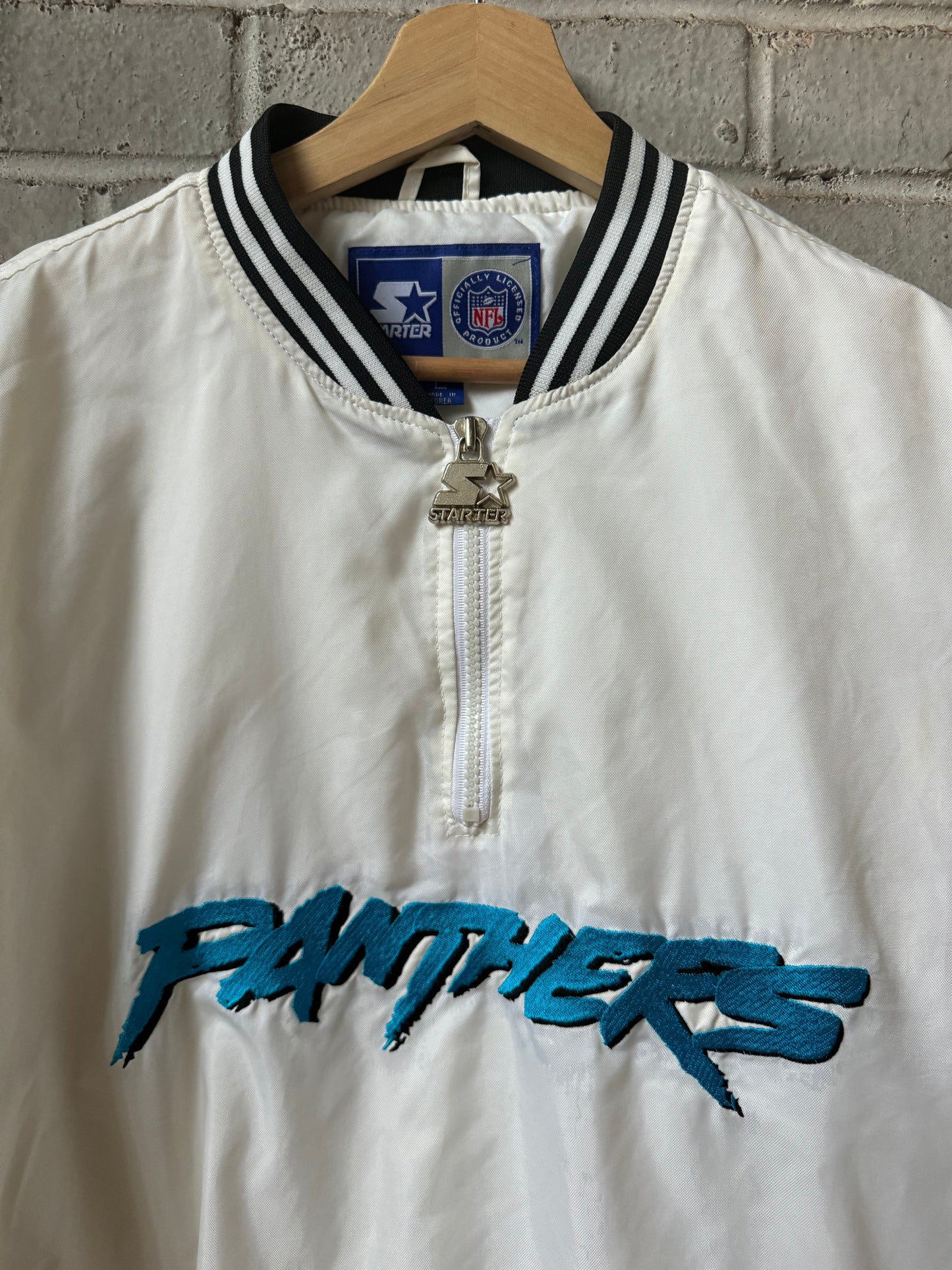 1995 Carolina Panthers Vintage White Starter Cat Scratch Font Embroidered NFL Pullover (Large)