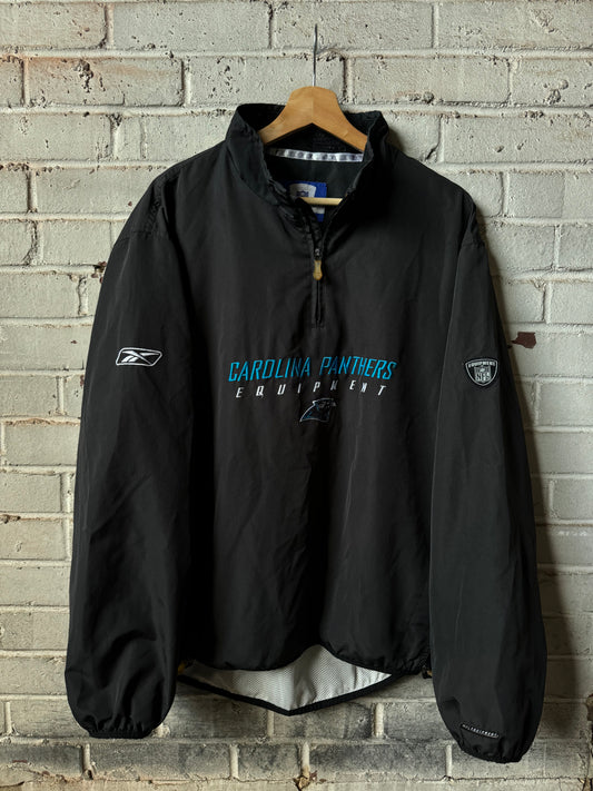 00’s Carolina Panthers Vintage Black NFL Equipment Quarter Zip Embroidered Sideline Pullover Jacket (Medium)
