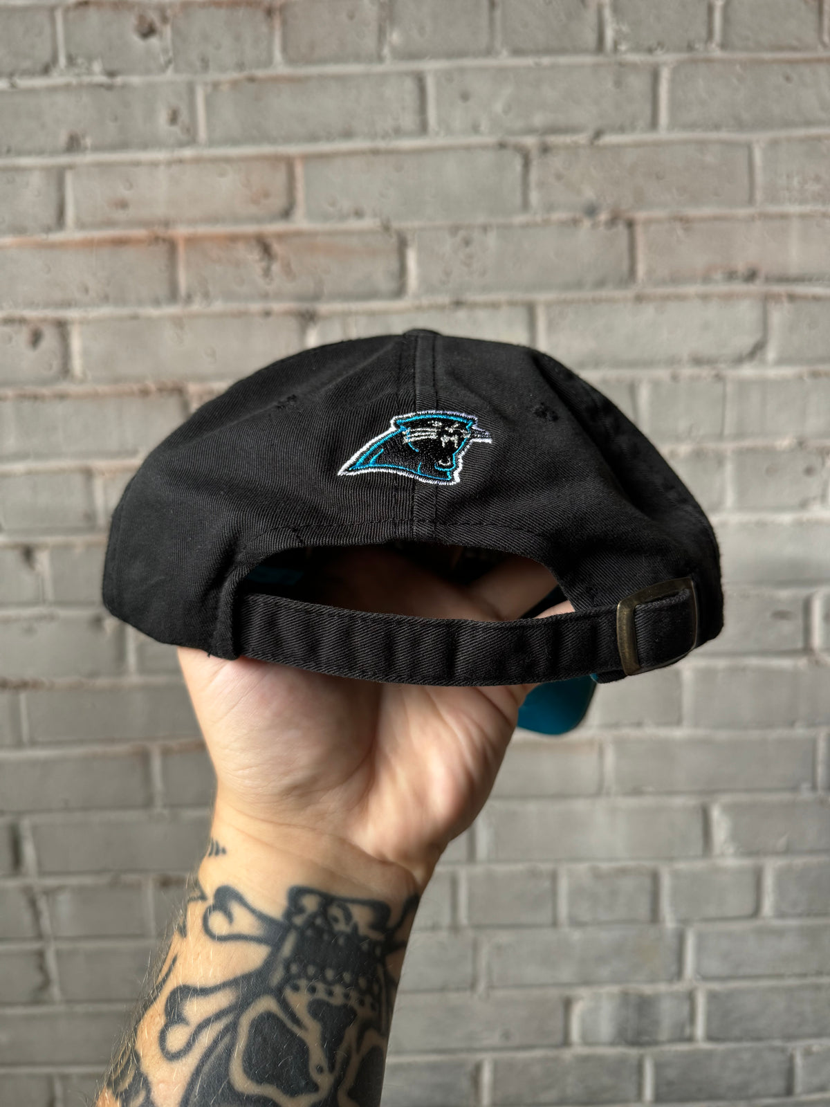 00’s Carolina Panthers Vintage Black Reebok Spellout NFL Strapback Hat (OSFA)