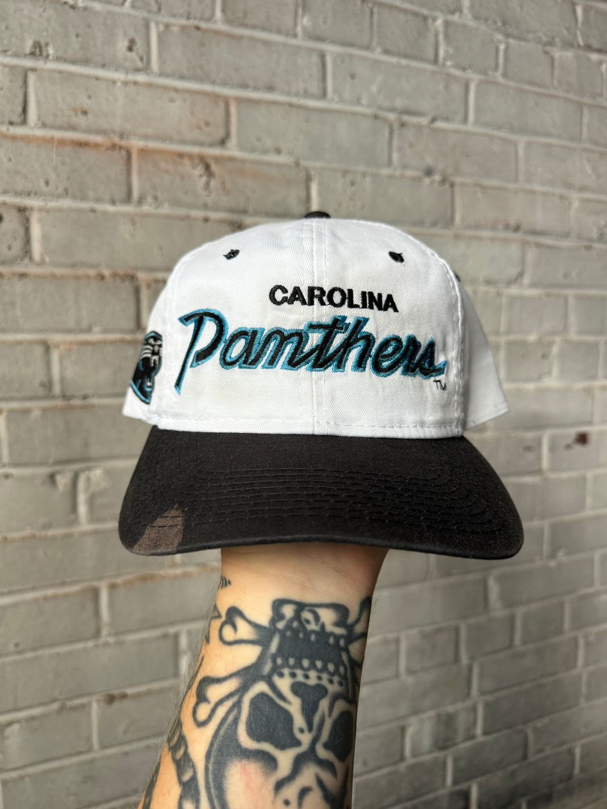 90’s Carolina Panthers Vintage White Sports Specialties Script Sideline Snapback Hat (OSFA)