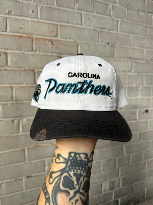 90’s Carolina Panthers Vintage White Sports Specialties Script Sideline Snapback Hat (OSFA)