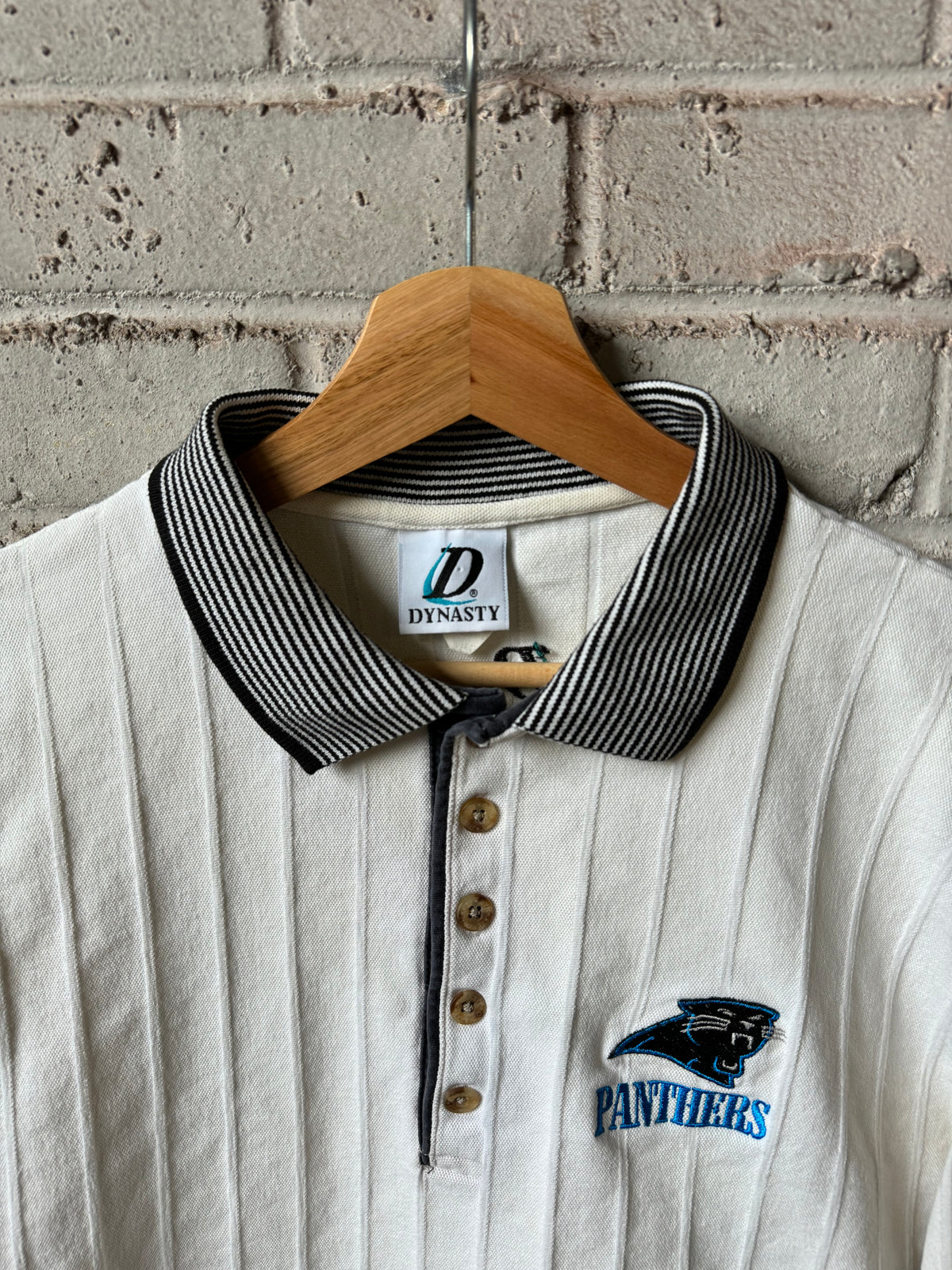 90’s Carolina Panthers Vintage Cream Ribbed Striped Heavyweight NFL Polo Collared Shirt (Medium)
