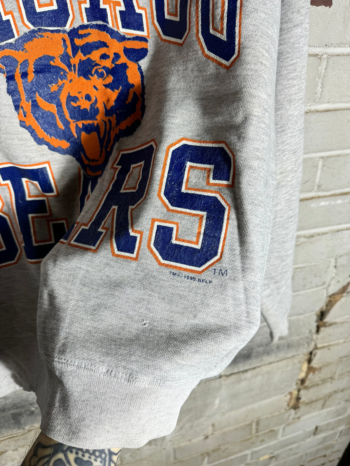 1990 Chicago Bears Vintage Heather Grey Arch Spellout Heavyweight NFL Crewneck (Boxy Large)