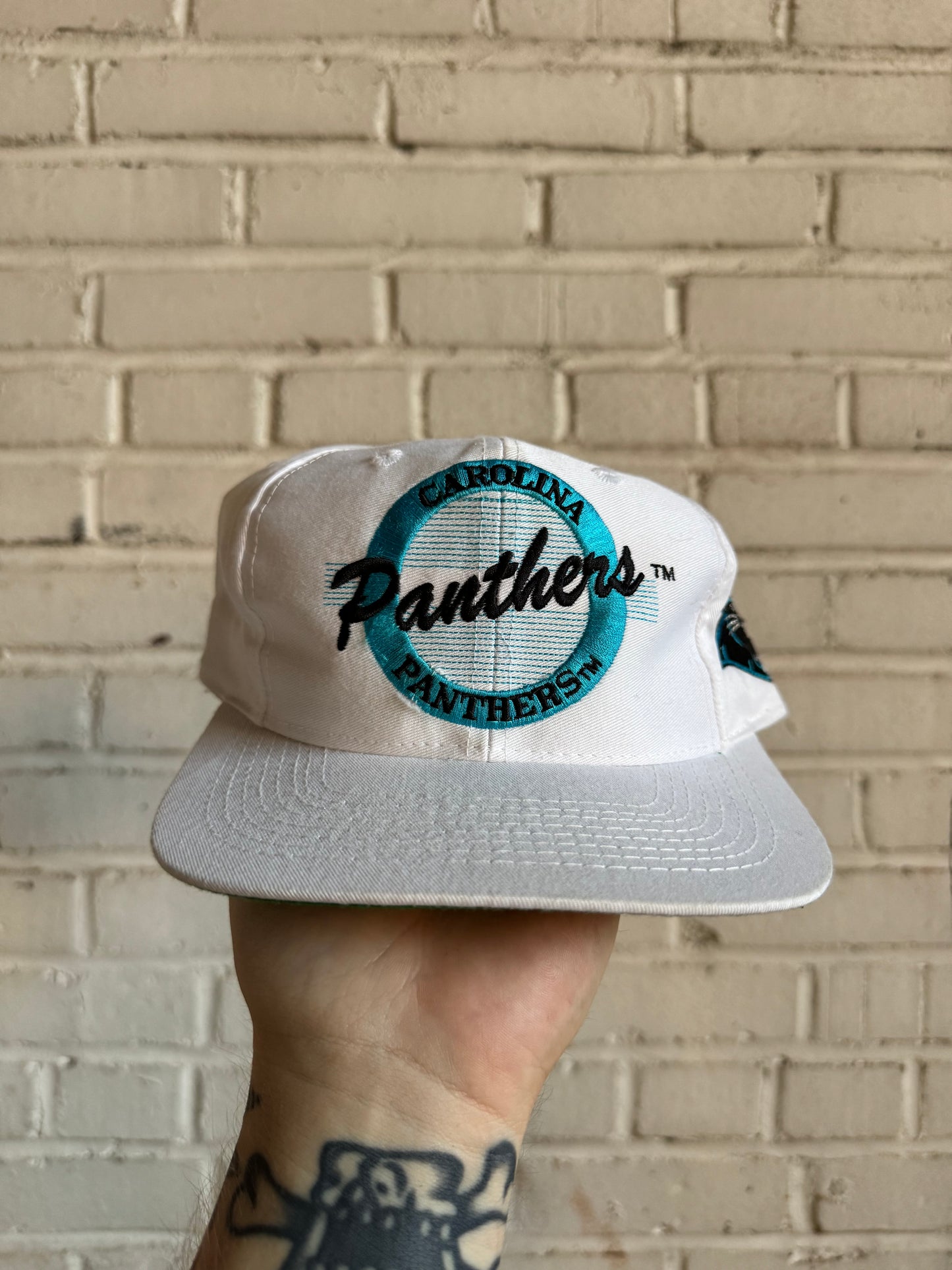 90’s Carolina Panthers Vintage White The Game Script NFL Snapback Hat (OSFA)