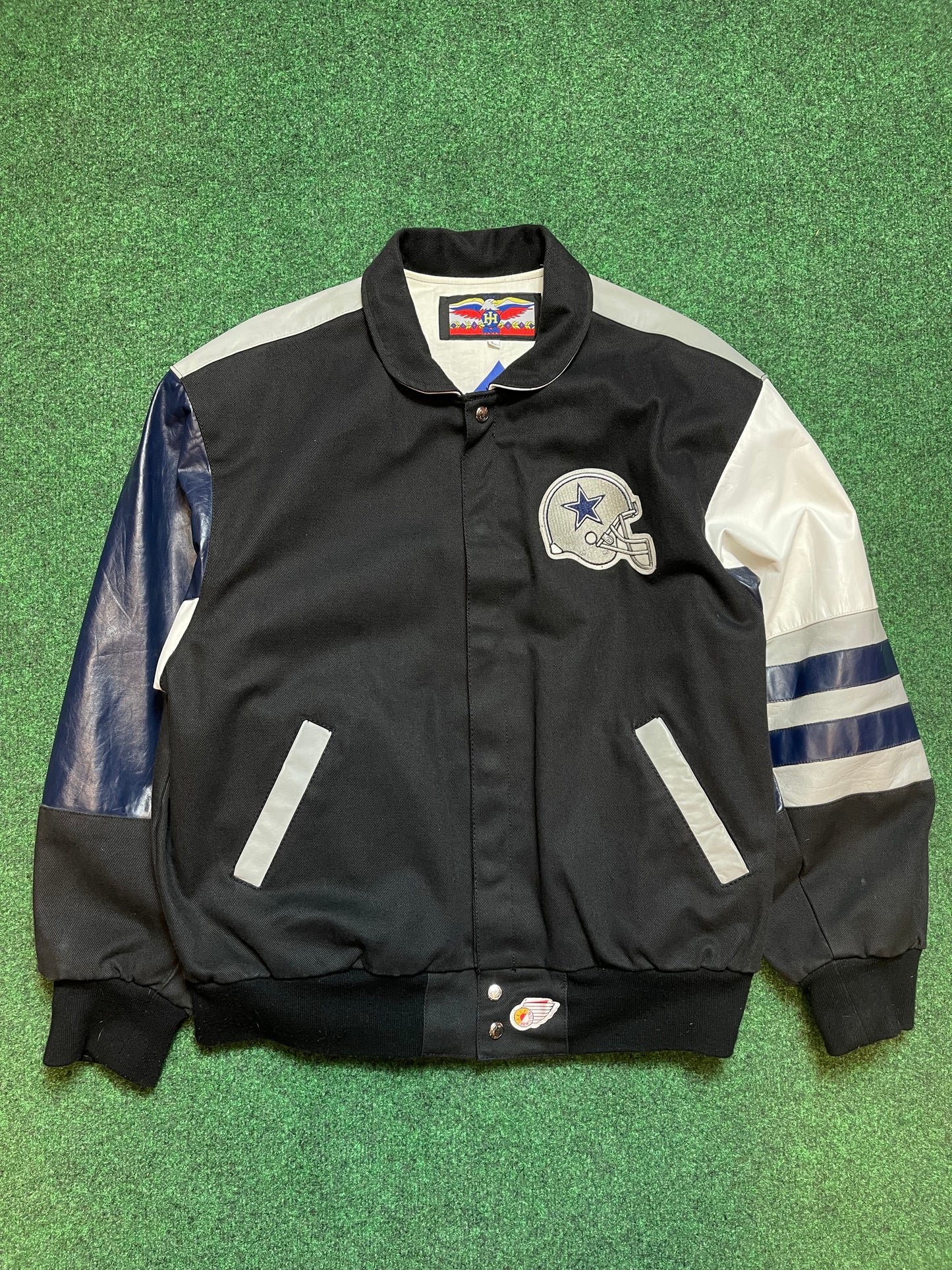 90’s Dallas Cowboys Vintage Jeff Hamilton Leather Big Helmet NFL Jacket (XL)