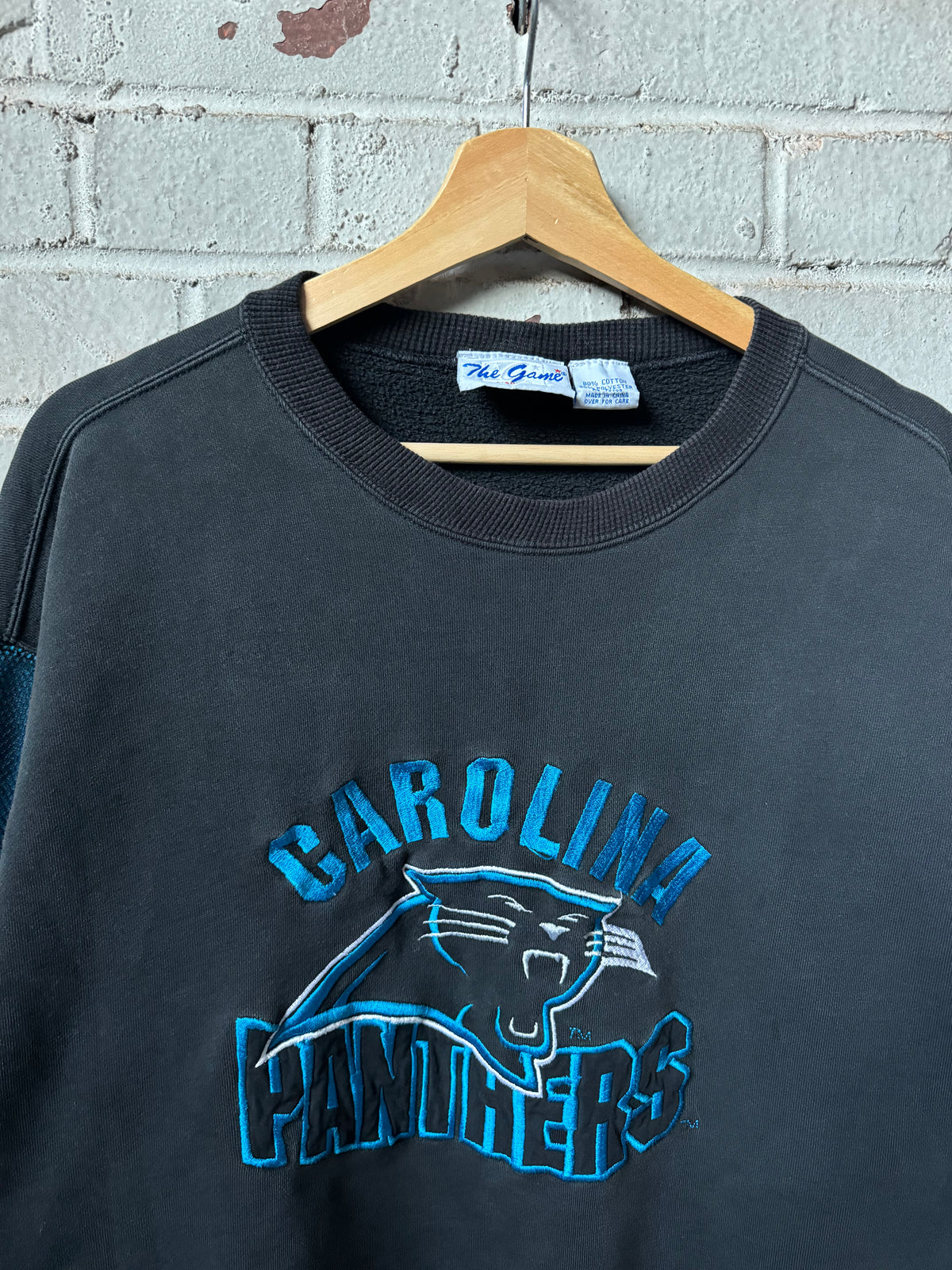 90’s Carolina Panthers Vintage The Game Heavyweight Embroidered Mesh Sleeved NFL Crewneck (Medium)