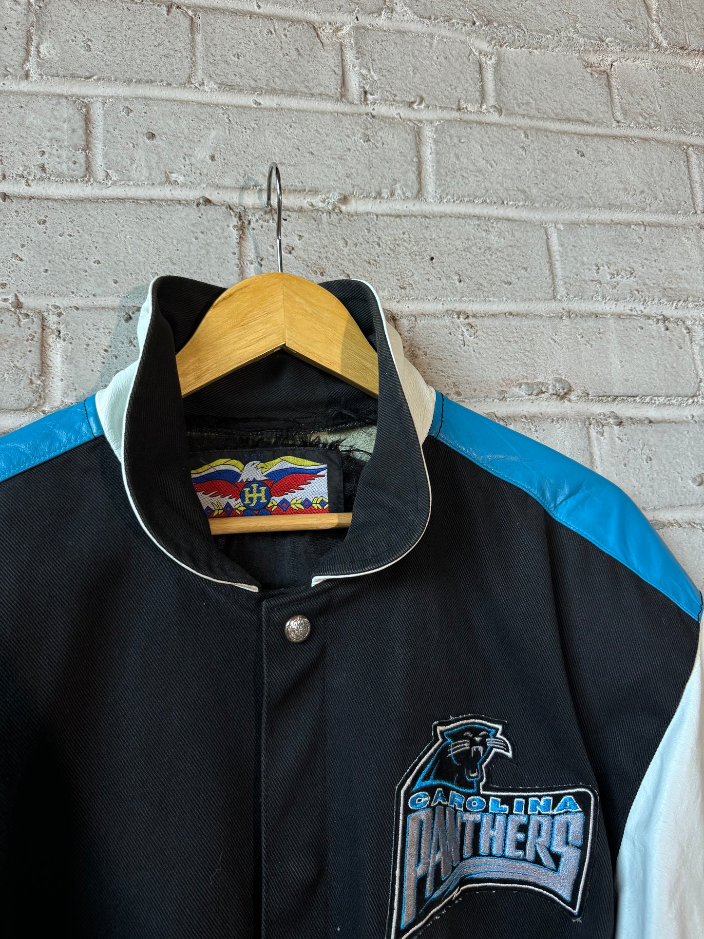 90’s Carolina Panthers Vintage Jeff Hamilton Leather Big Logo NFL Varsity Jacket (Large)