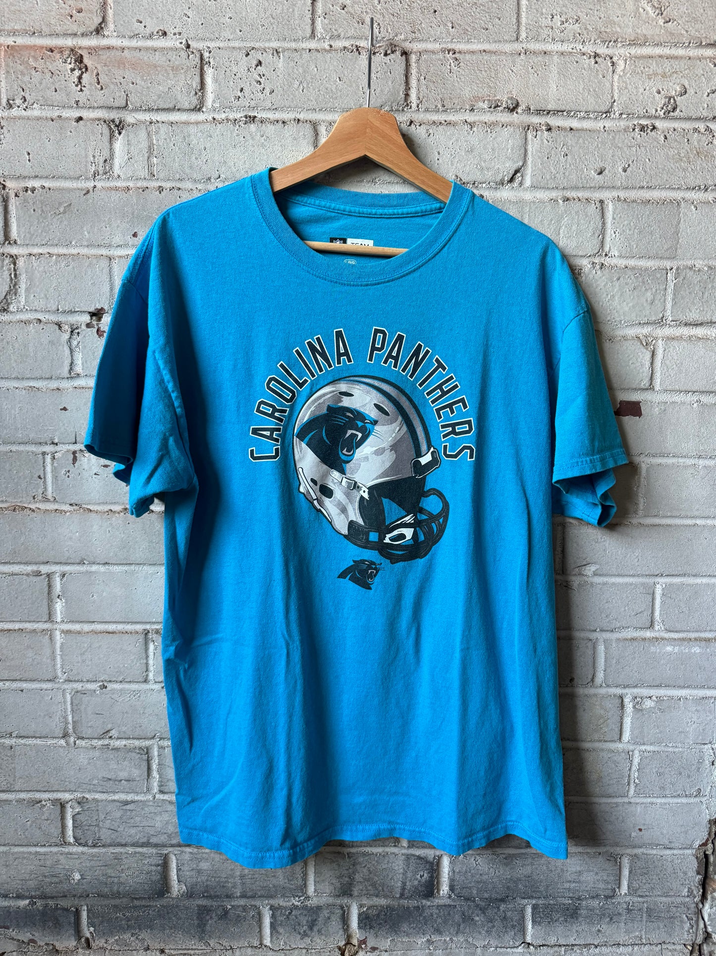 Carolina Panthers Blue Helmet Spellout NFL Tee (Large)