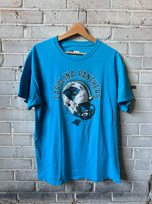 Carolina Panthers Blue Helmet Spellout NFL Tee (Large)