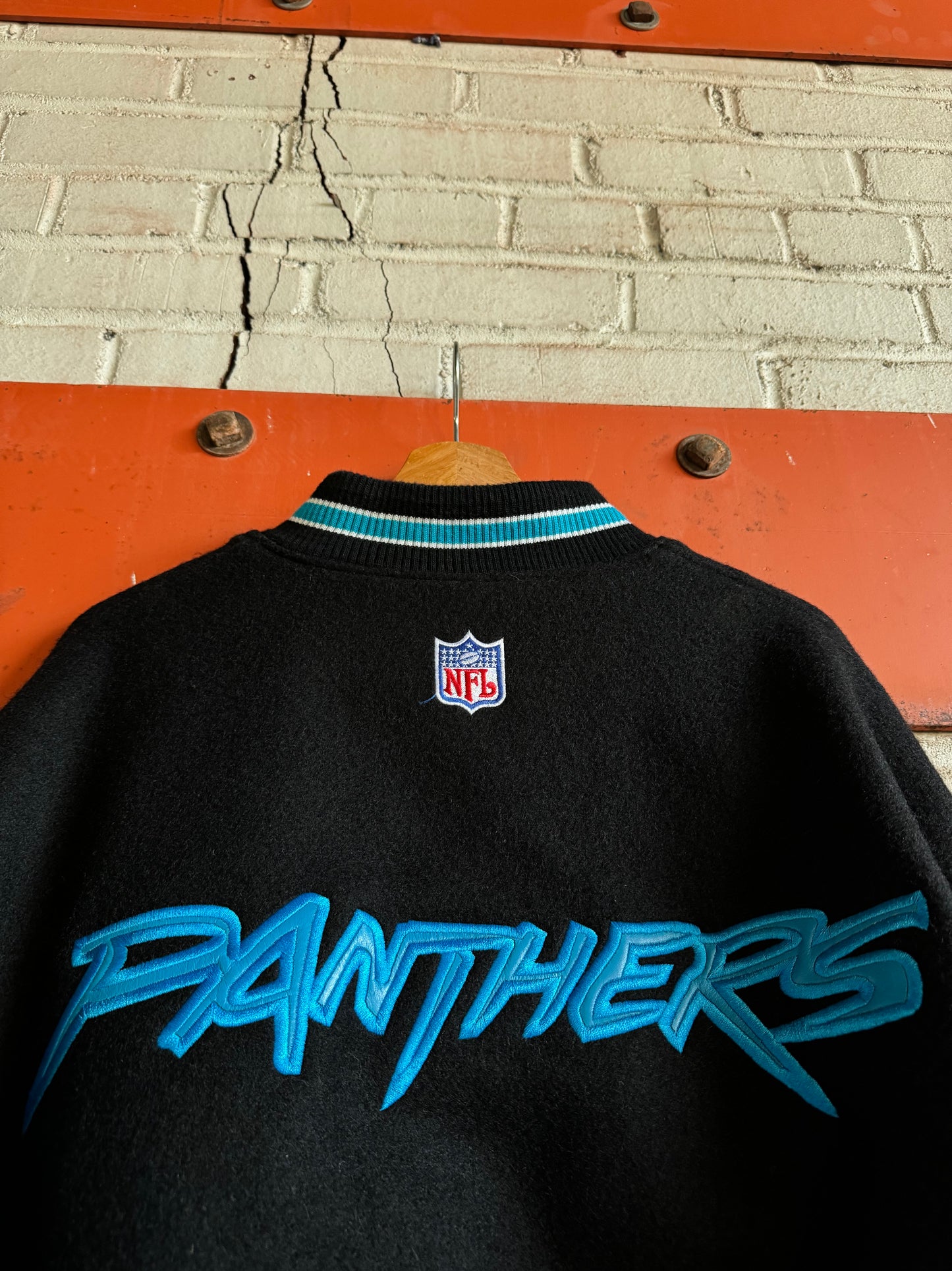 1999 Carolina Panthers Vintage Nike Cat Scratch Font Heavyweight Genuine Leather Sideline Varsity Jacket (XL)