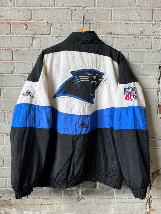 90’s Carolina Panthers Vintage Apex One Colorblocked Wave Print NFL Puffer Jacket (XL)