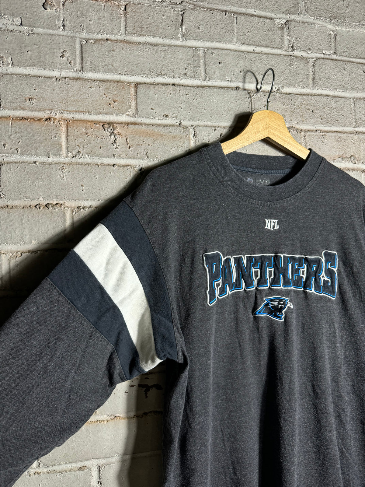 00’s Carolina Panthers Vintage Grey Ribbed Embroidered NFL Cotton Jersey Style NFL Longsleeve Tee (Large)