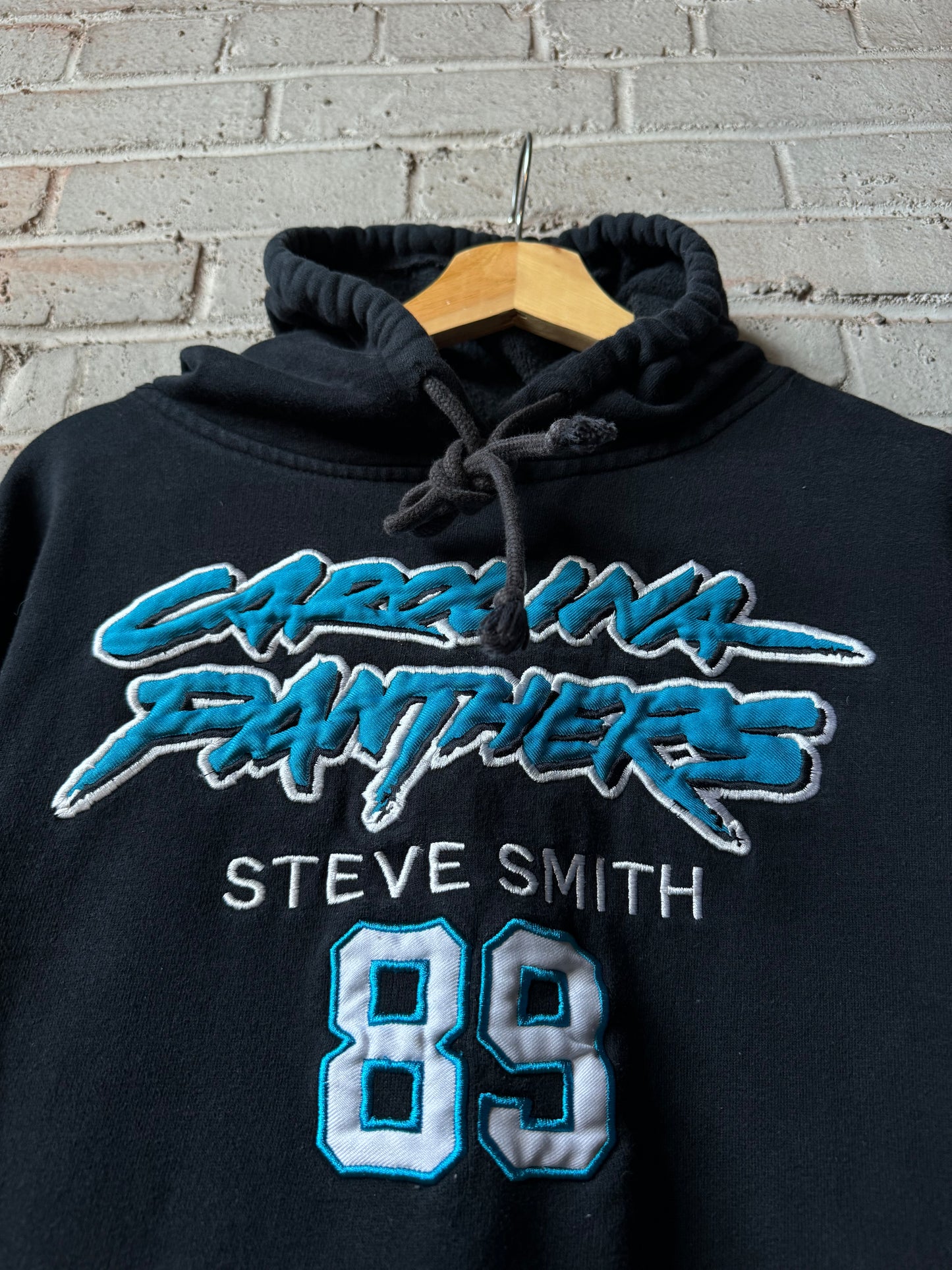 00’s Carolina Panthers Steve Smith Vintage Black Reebok Cat Scratch Font Fully Embroidered Hoodie (Medium)