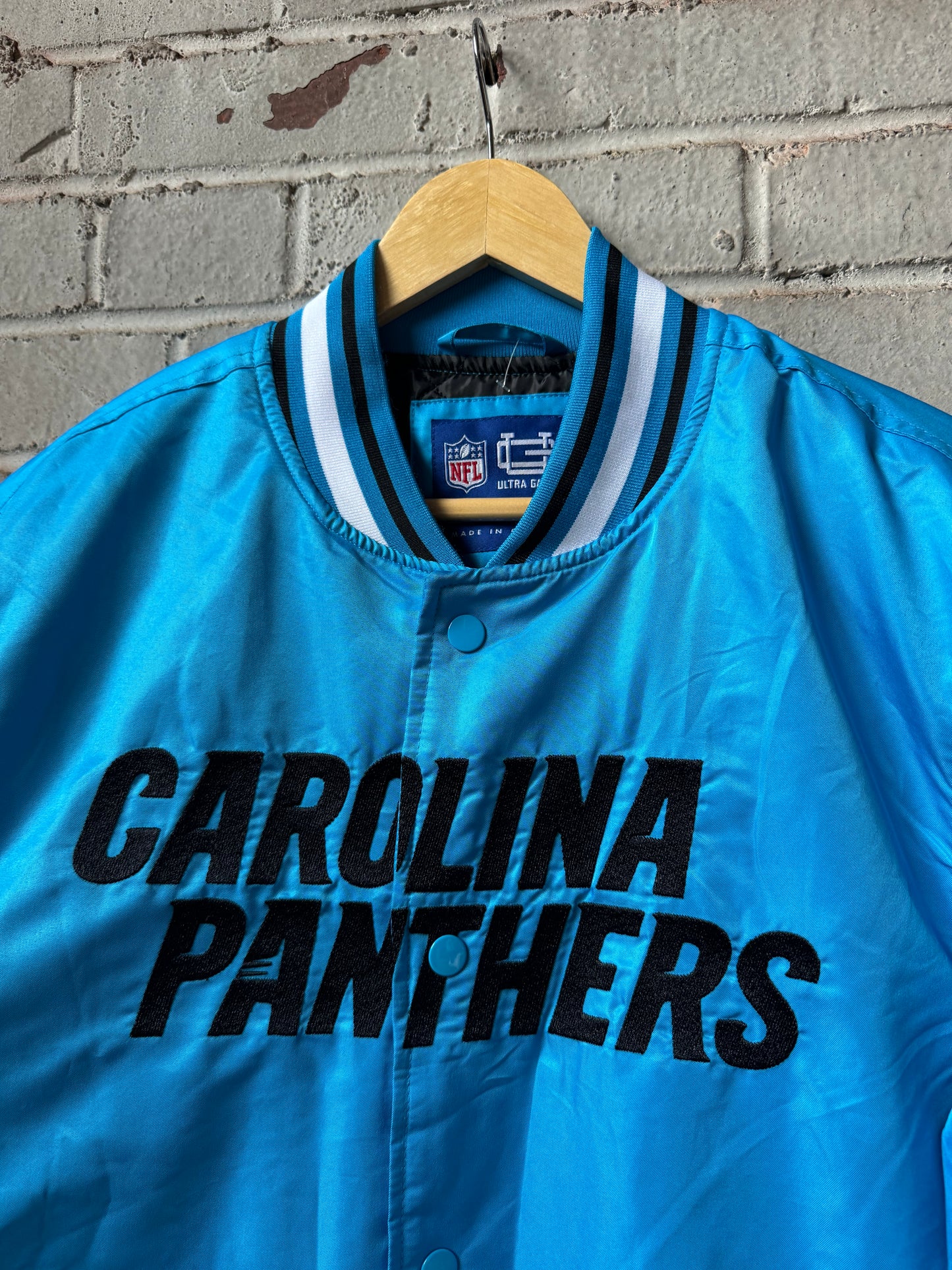Carolina Panthers Blue Ultra Game Embroidered Logo NFL Satin Jacket (Medium)