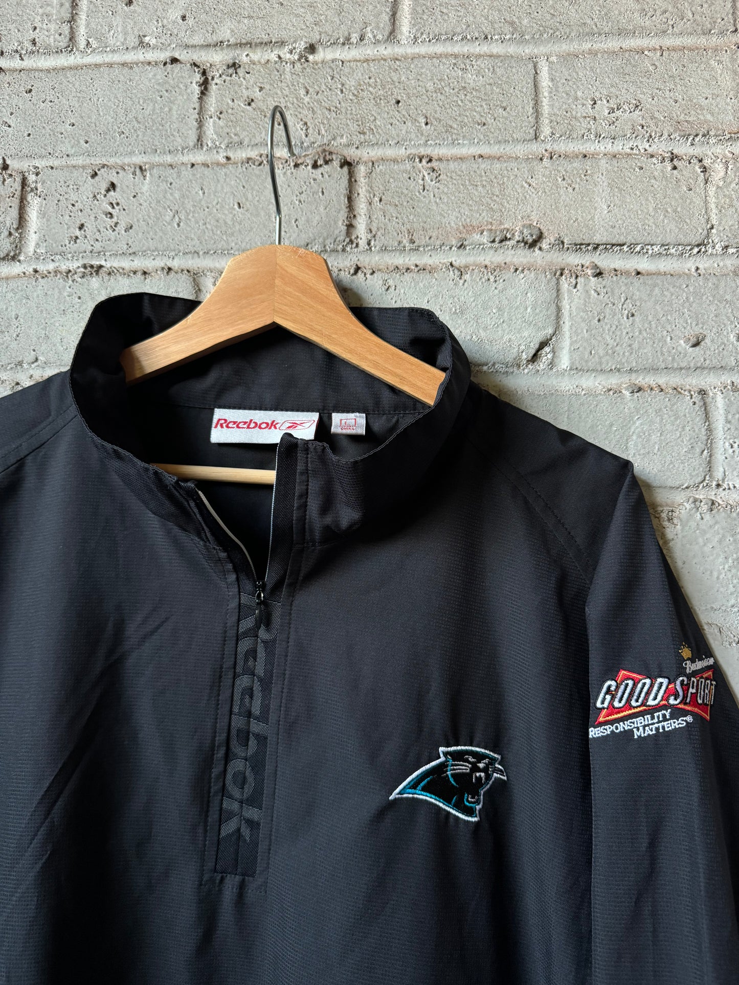00’s Carolina Panthers x Budweiser Vintage Black Tonal Reebok Quarter Zip NFL Pullover (Large)