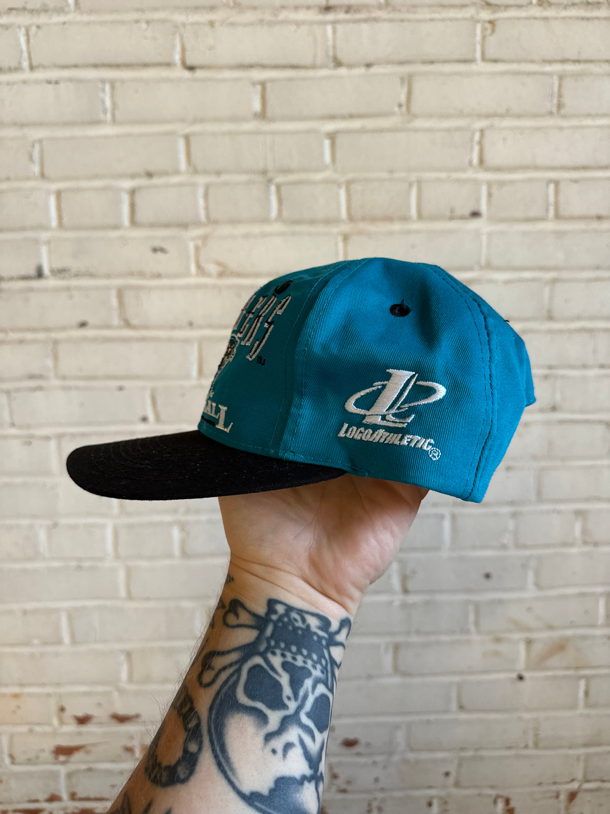 90’s Carolina Panthers Vintage Blue Black Logo Athletic Snapback Hat - Autographed by Kevin Greene (OSFA)