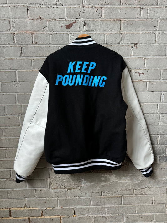 Carolina Panthers Black Keep Pounding Holloway Heavyweight Leather NFL Varsity Jacket (Large)