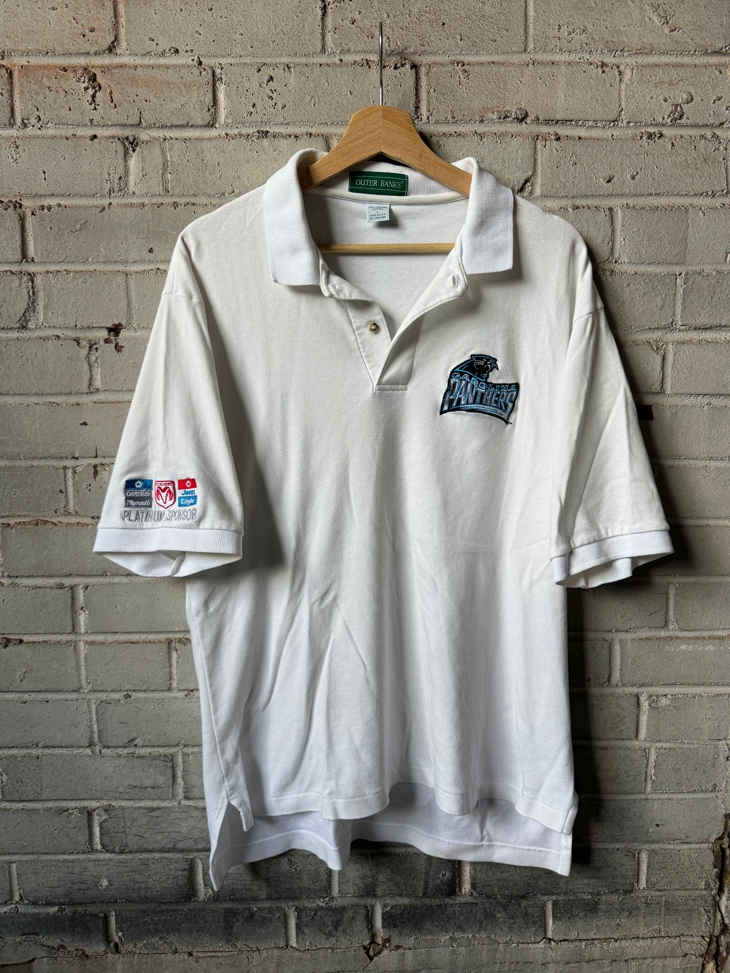 1995 Carolina Panthers Vintage White Embroidered Chrysler Dodge Jeep Ram Collared Polo NFL Shirt (Large)