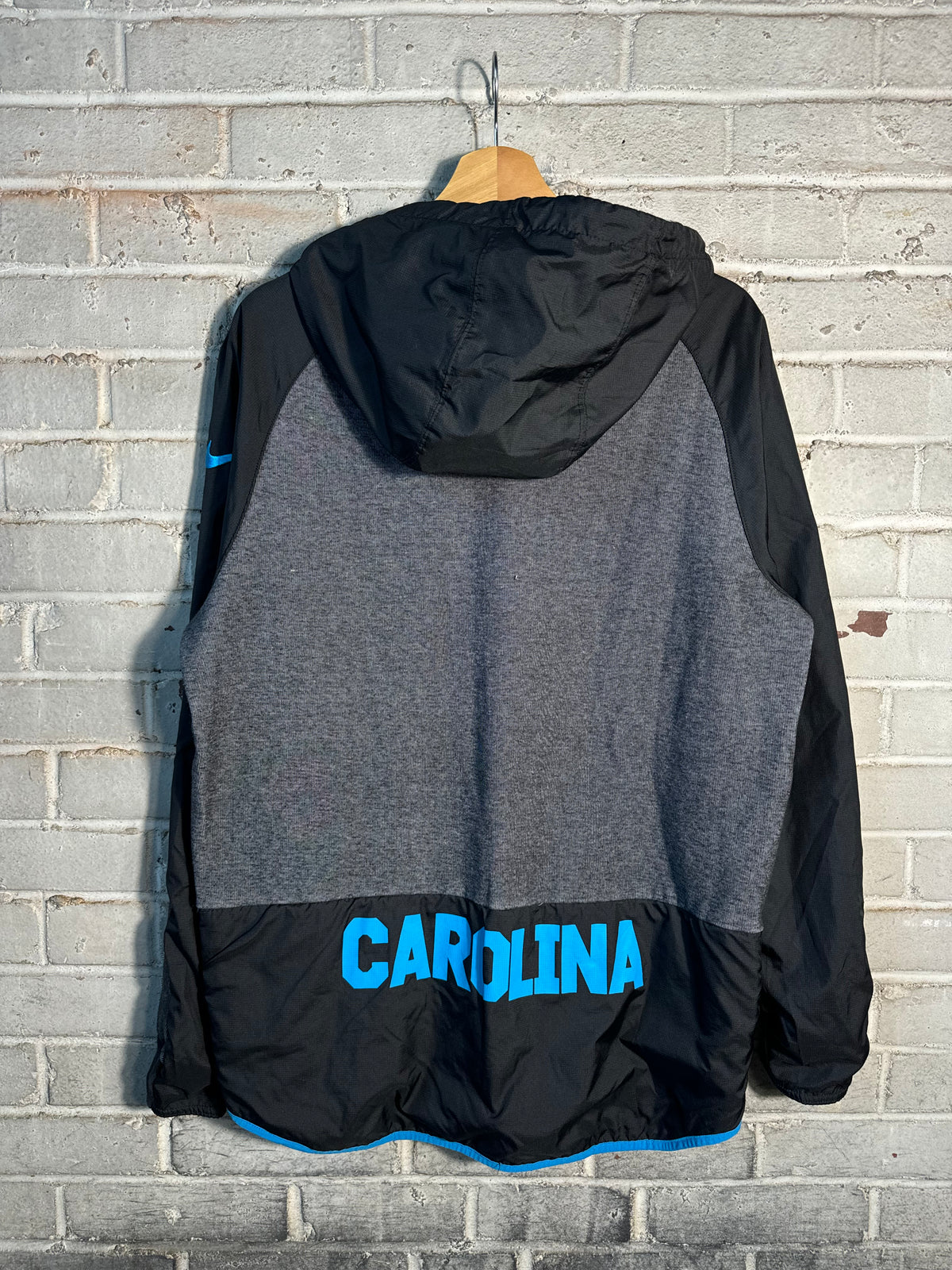 2017 Carolina Panthers Black/Dark Grey Nike Full Zip NFL Back Spellout Jacket (Large)
