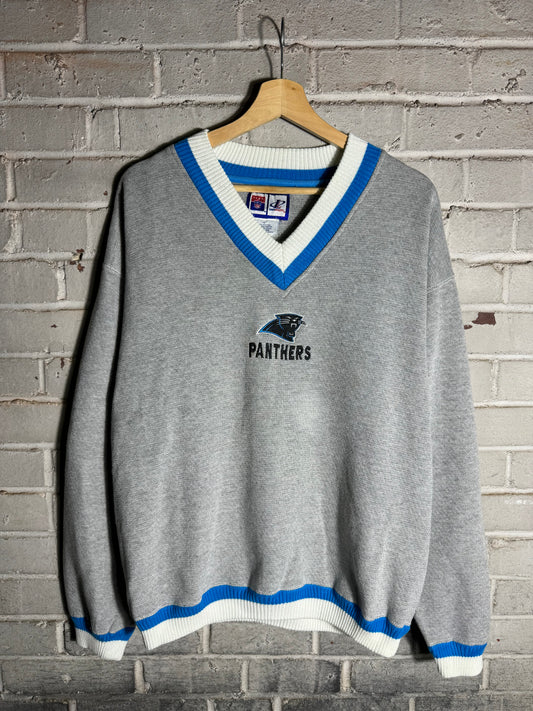 90’s Carolina Panthers Vintage Grey Logo Athletic Embroidered V Neck NFL Crewneck (Medium)