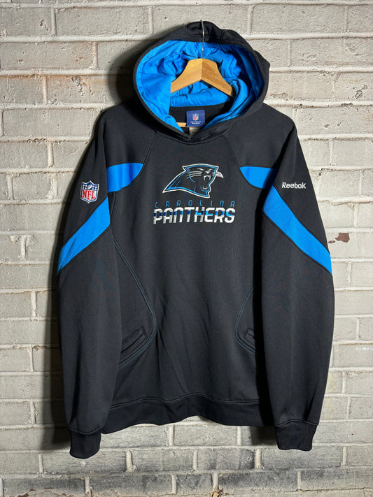 00’s Carolina Panthers Vintage Black Blue Colorblocked Reebok Sideline Style NFL Hoodie (Large)