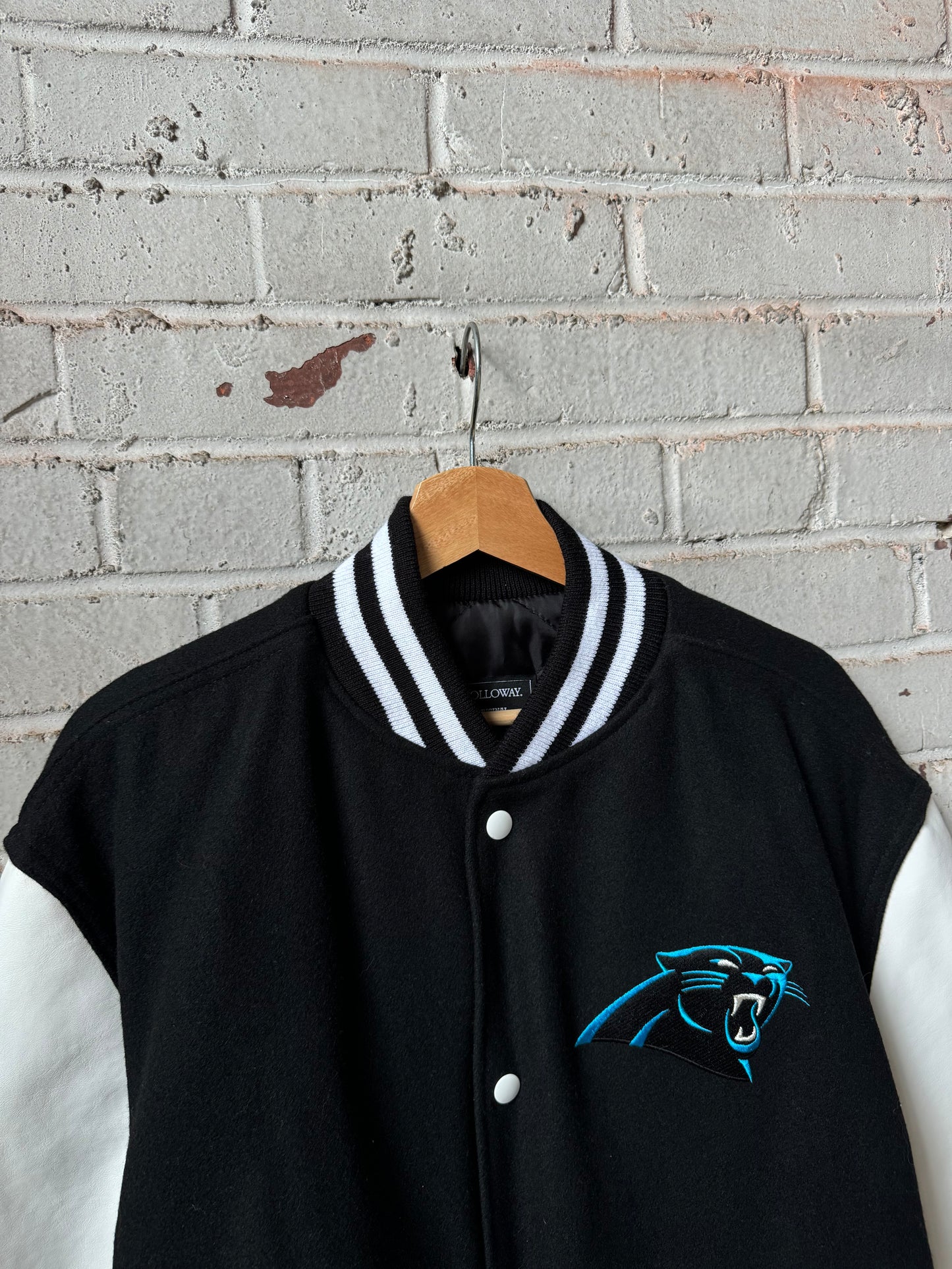 Carolina Panthers Black Keep Pounding Holloway Heavyweight Leather NFL Varsity Jacket (Large)