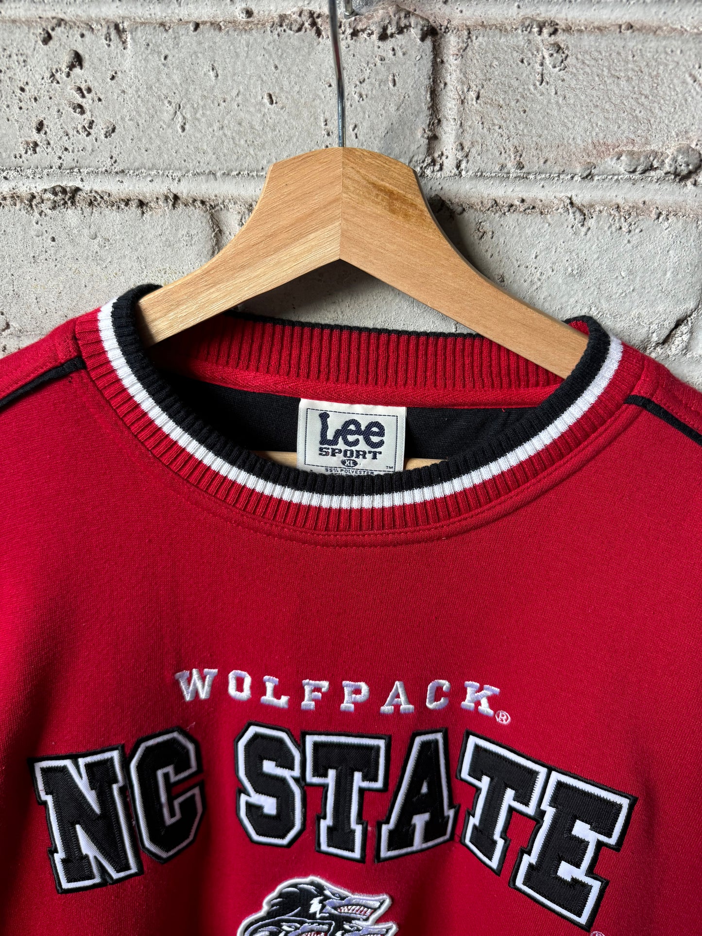 90’s NC State Wolfpack Vintage Red Lee Sport Alternate Pack Logo Embroidered Heavyweight Crewneck (XL)