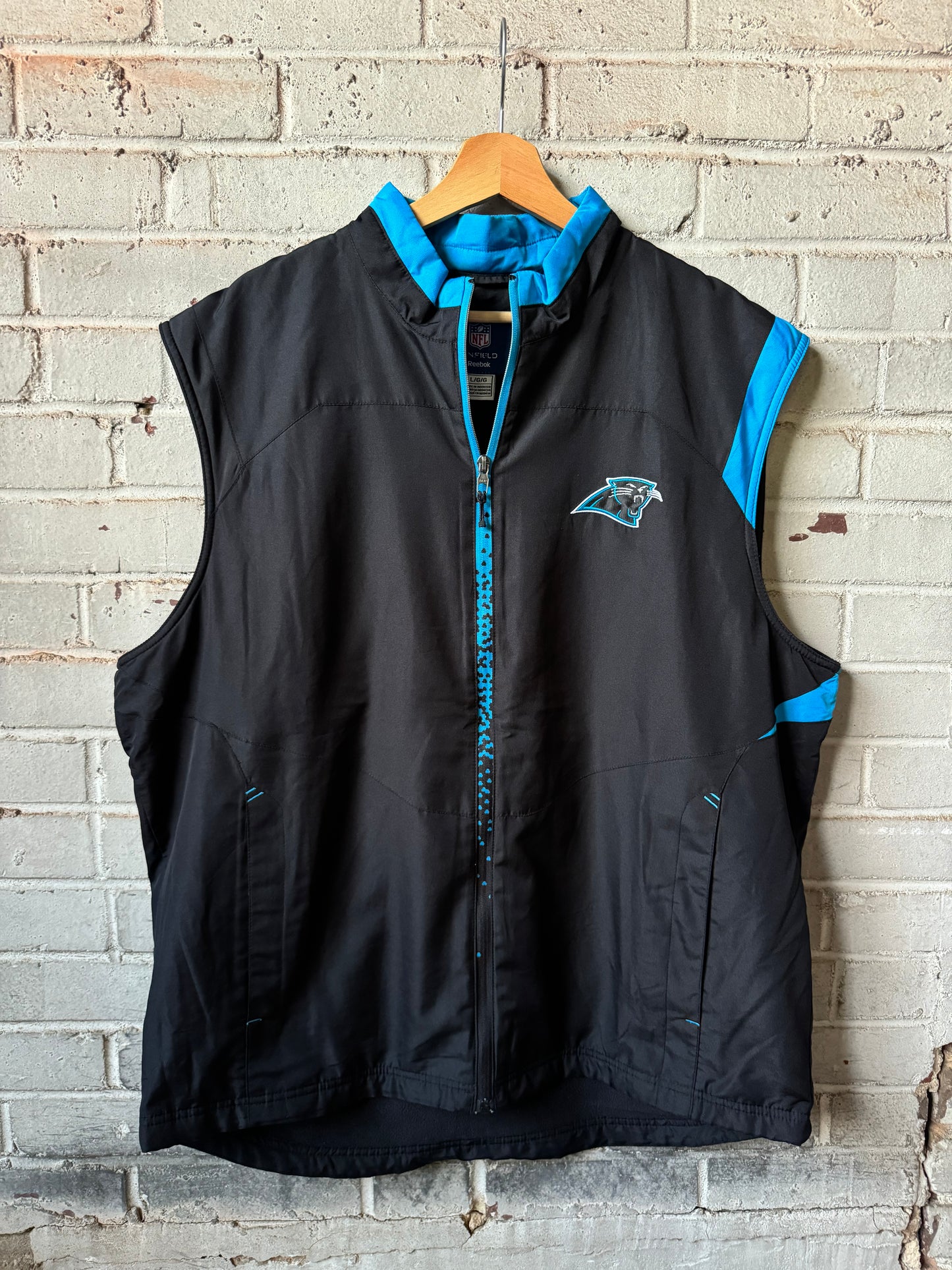 00’s Carolina Panthers Vintage Black Reebok Cat Scratch Font Embroidered Team Issued Sideline Vest (Large)