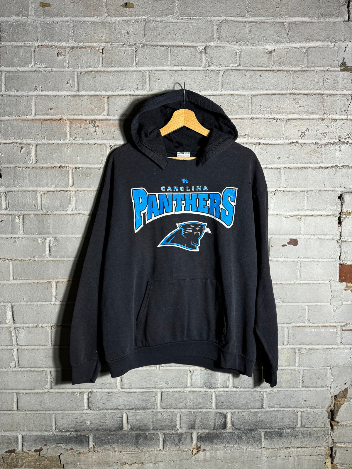 00’s Carolina Panthers Vintage Black Distressed Spellout NFL Hoodie (Medium)