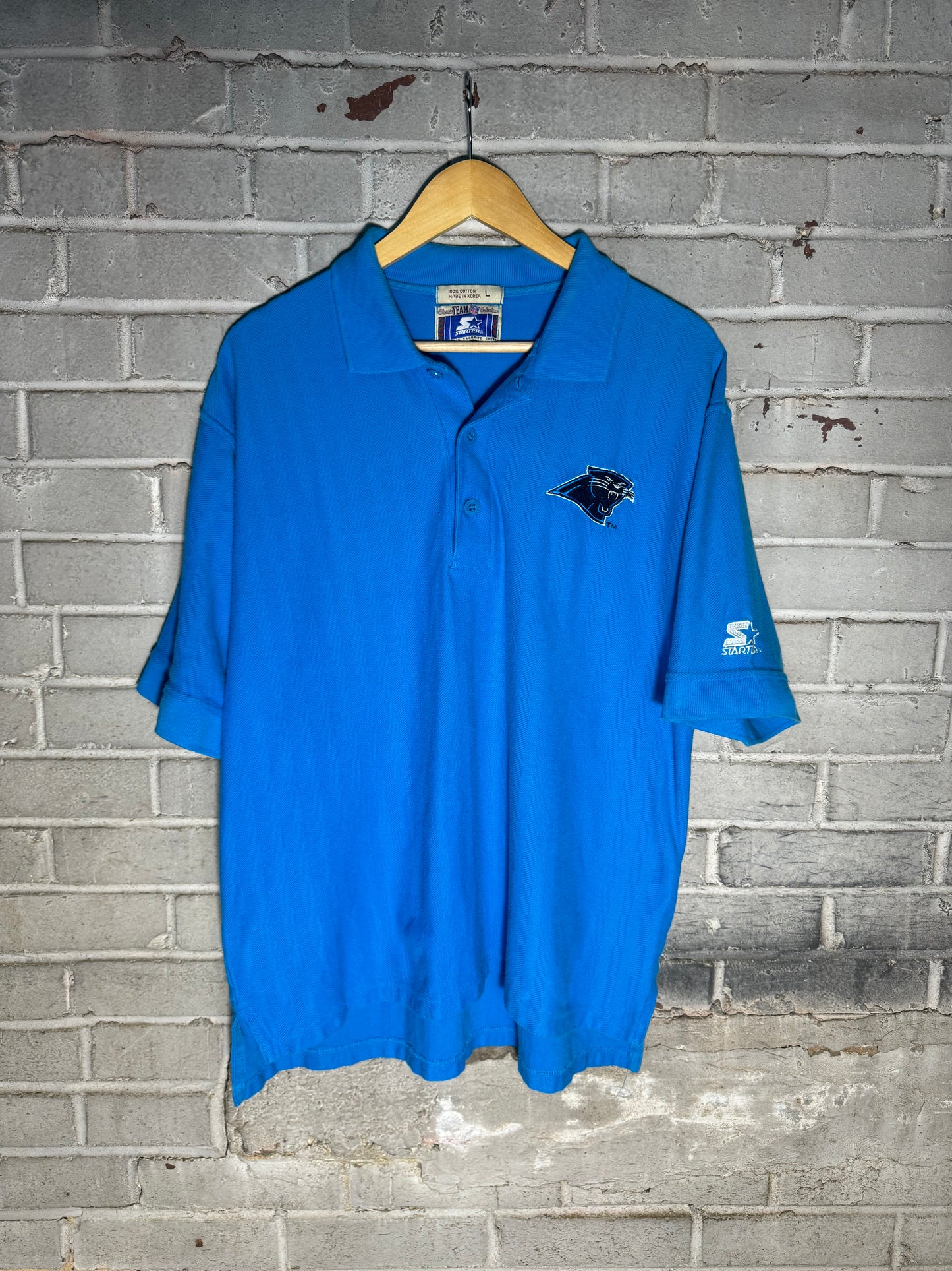 90’s Carolina Panthers Vintage Blue Starter Herringbone Tonal Striped NFL Polo Collared Shirt (Large)