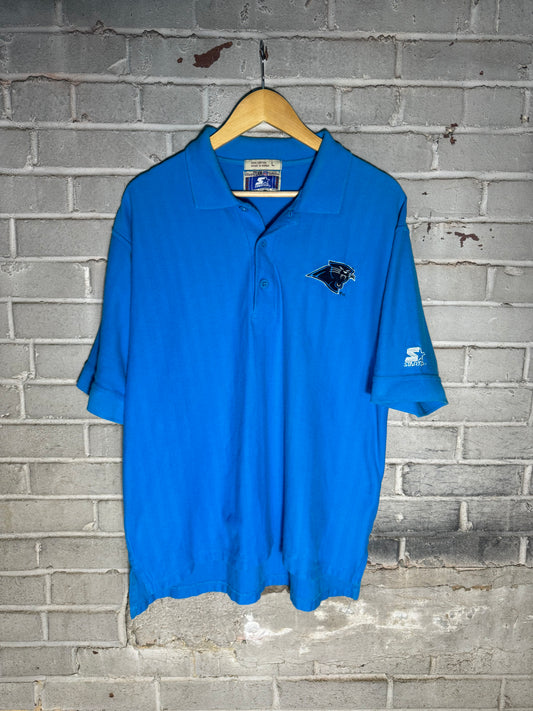 90’s Carolina Panthers Vintage Blue Starter Herringbone Tonal Striped NFL Polo Collared Shirt (Large)