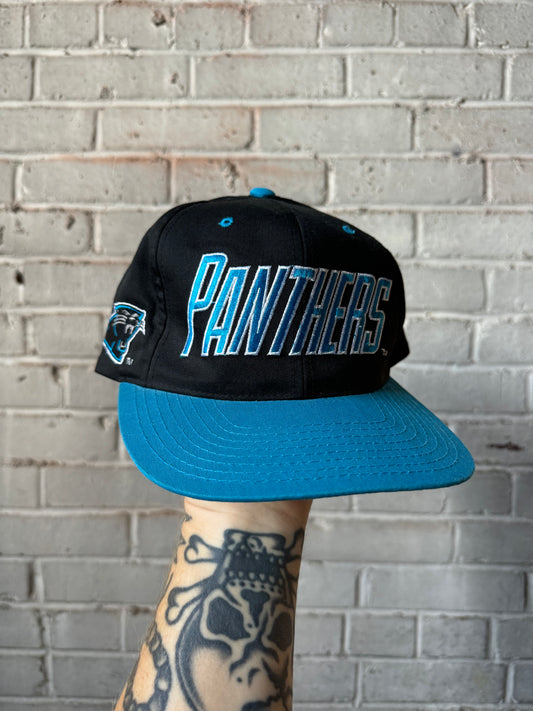 90’s Carolina Panthers Vintage Black Blue Multi Logo NFL Snapback Hat (OSFA)