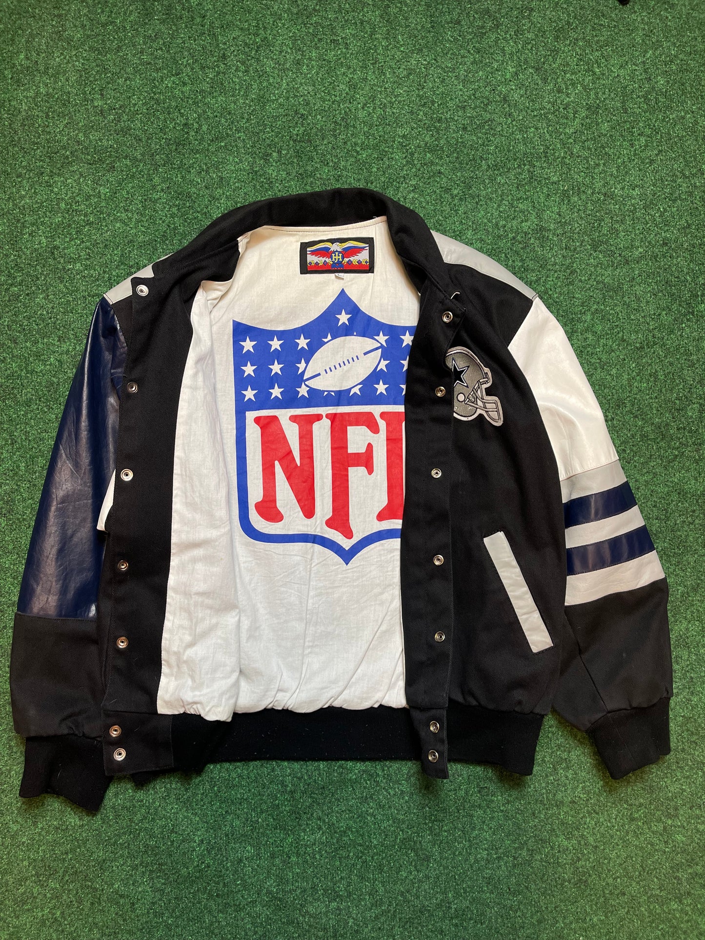 90’s Dallas Cowboys Vintage Jeff Hamilton Leather Big Helmet NFL Jacket (XL)