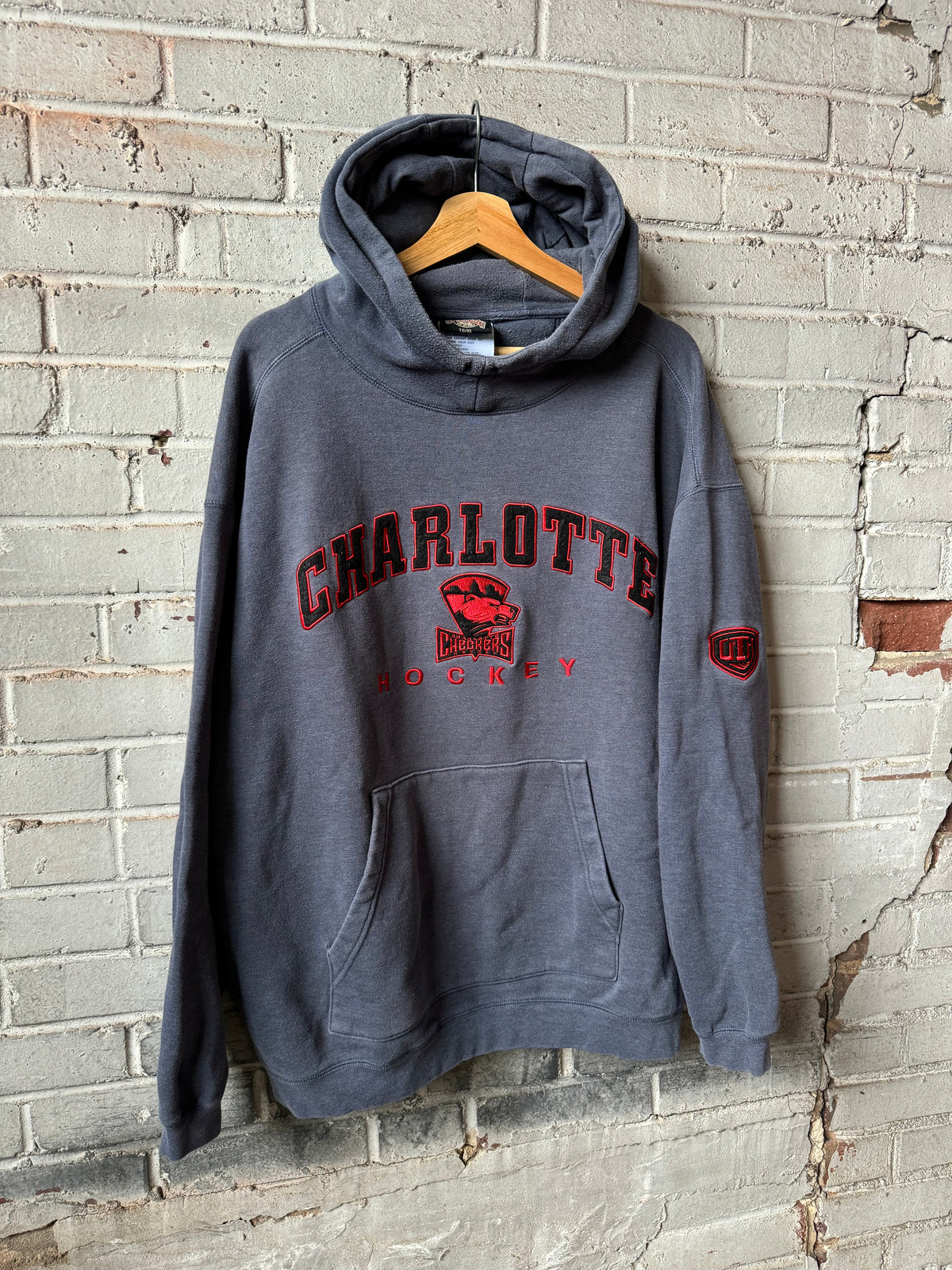 00’s Charlotte Checkers Vintage Grey Red Ultra Heavyweight Old Time Hockey Hoodie (XL)