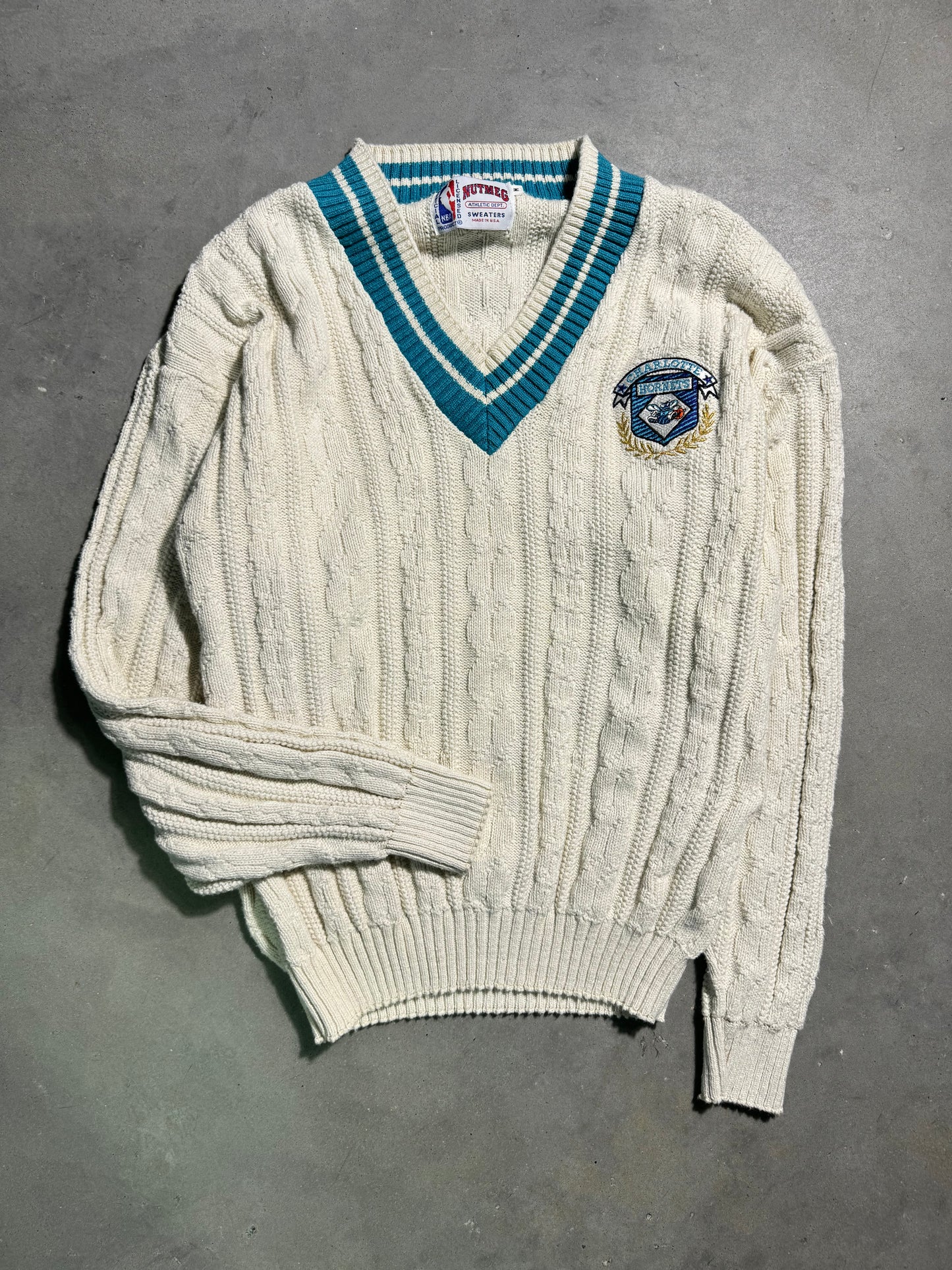 1988 Charlotte Hornets Nutmeg Mills Vintage Cream Teal Cableknit NBA Knit Sweater (Medium)