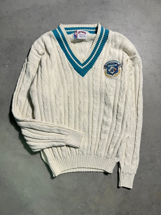 1988 Charlotte Hornets Nutmeg Mills Vintage Cream Teal Cableknit NBA Knit Sweater (Medium)