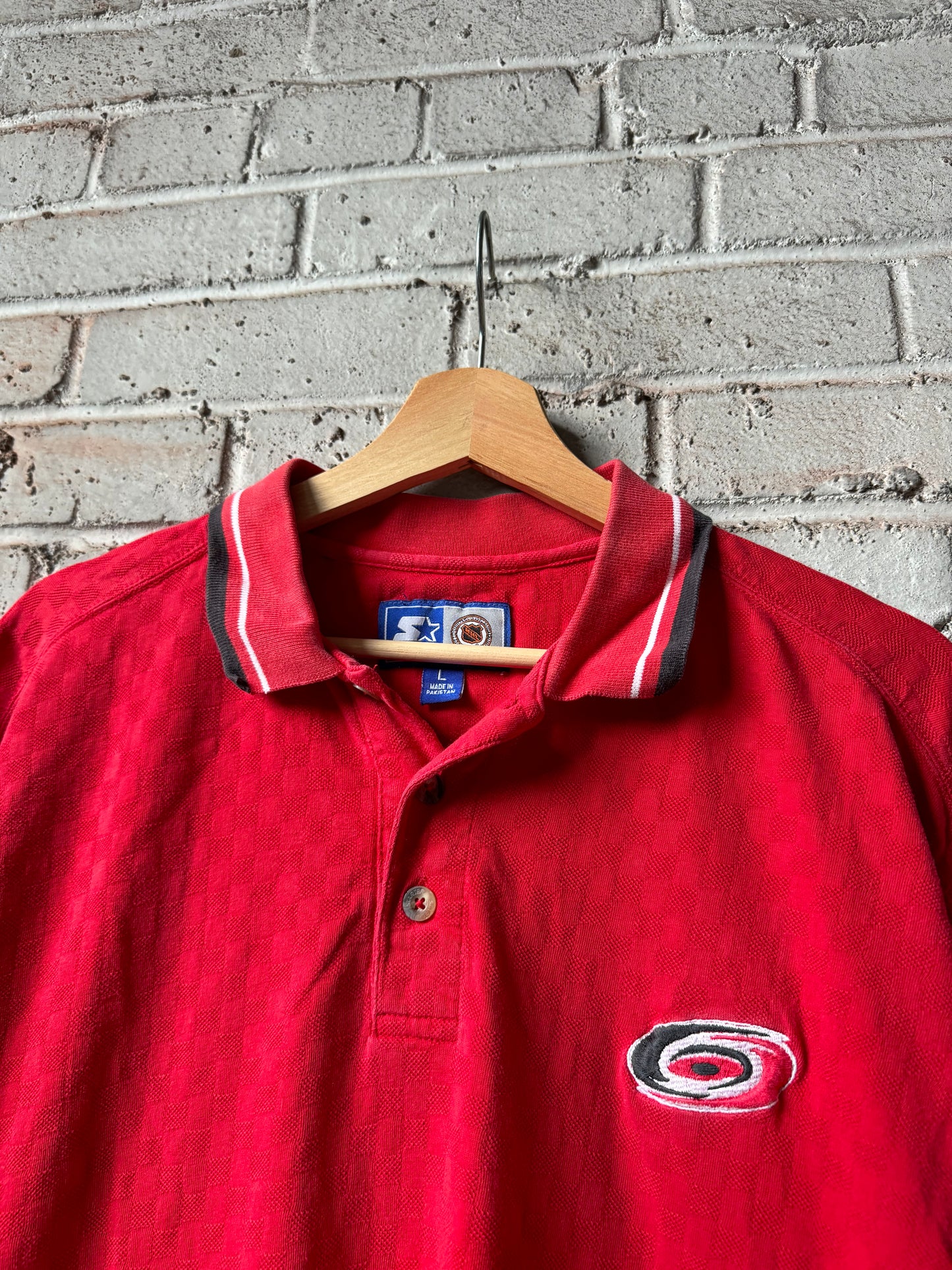 90’s Carolina Hurricanes Vintage Red Starter Tonal Checkered Print NHL Polo Collared Shirt (Large)