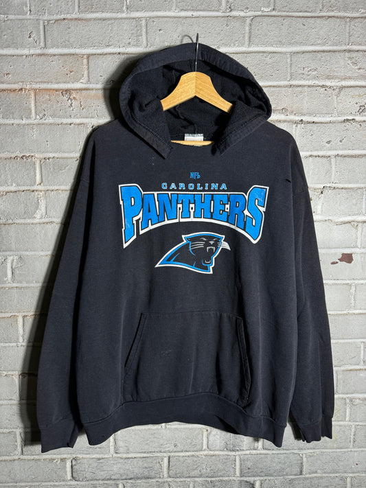 00’s Carolina Panthers Vintage Black Distressed Spellout NFL Hoodie (Medium)
