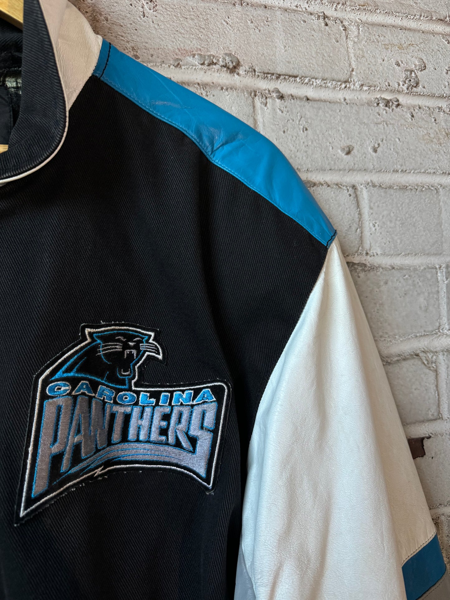 90’s Carolina Panthers Vintage Jeff Hamilton Leather Big Logo NFL Varsity Jacket (Large)