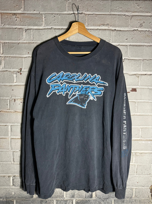 00’s Carolina Panthers Vintage Faded Black Cat Scratch Font Logo NFL Longsleeve Tee (XXL)