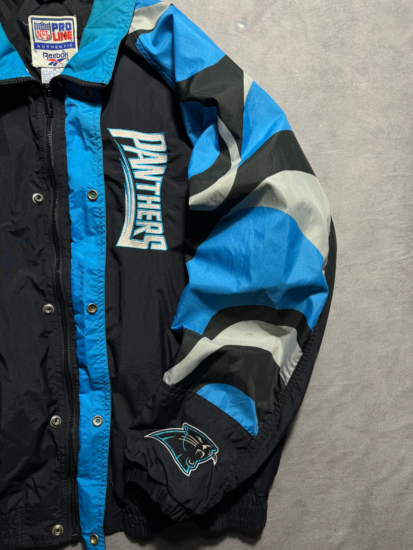 1995 Carolina Panthers Vintage Reebok Big Logo Multi Logo NFL Pro Line Sideline NFL Windbreaker Jacket (XL)