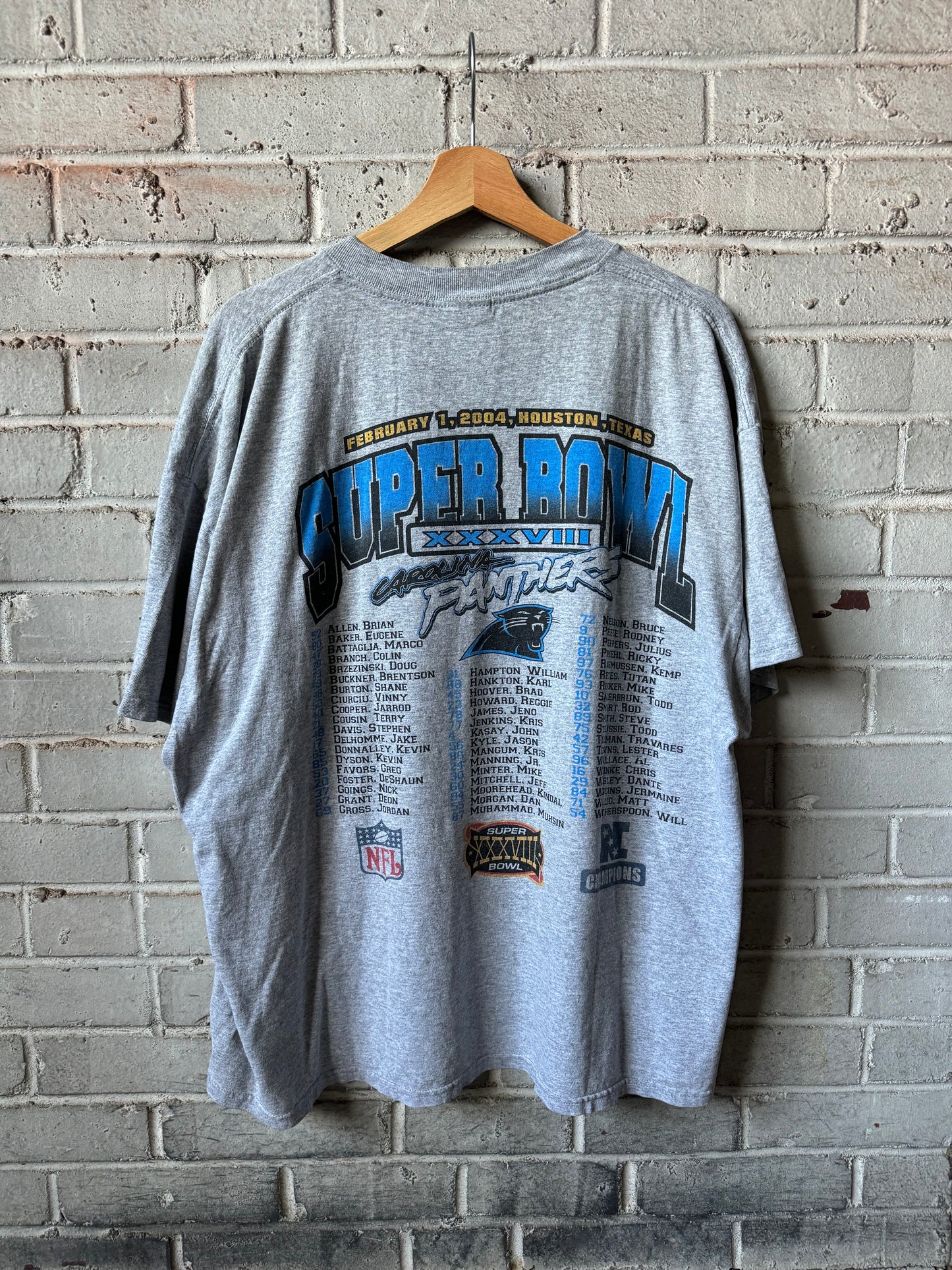 2004 Carolina Panthers Super Bowl XXXVIII “Houston, Here We Come” Vintage Grey Parking Lot Print NFL Tee (Boxy XXL)