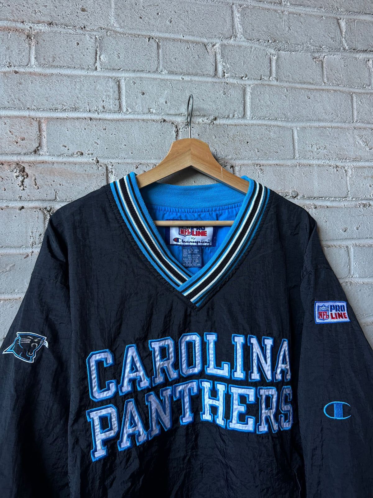 90’s Carolina Panthers Vintage Black Champion NFL Pro Line Cotton Lined Nylon Sideline NFL Pullover Jacket (Large)