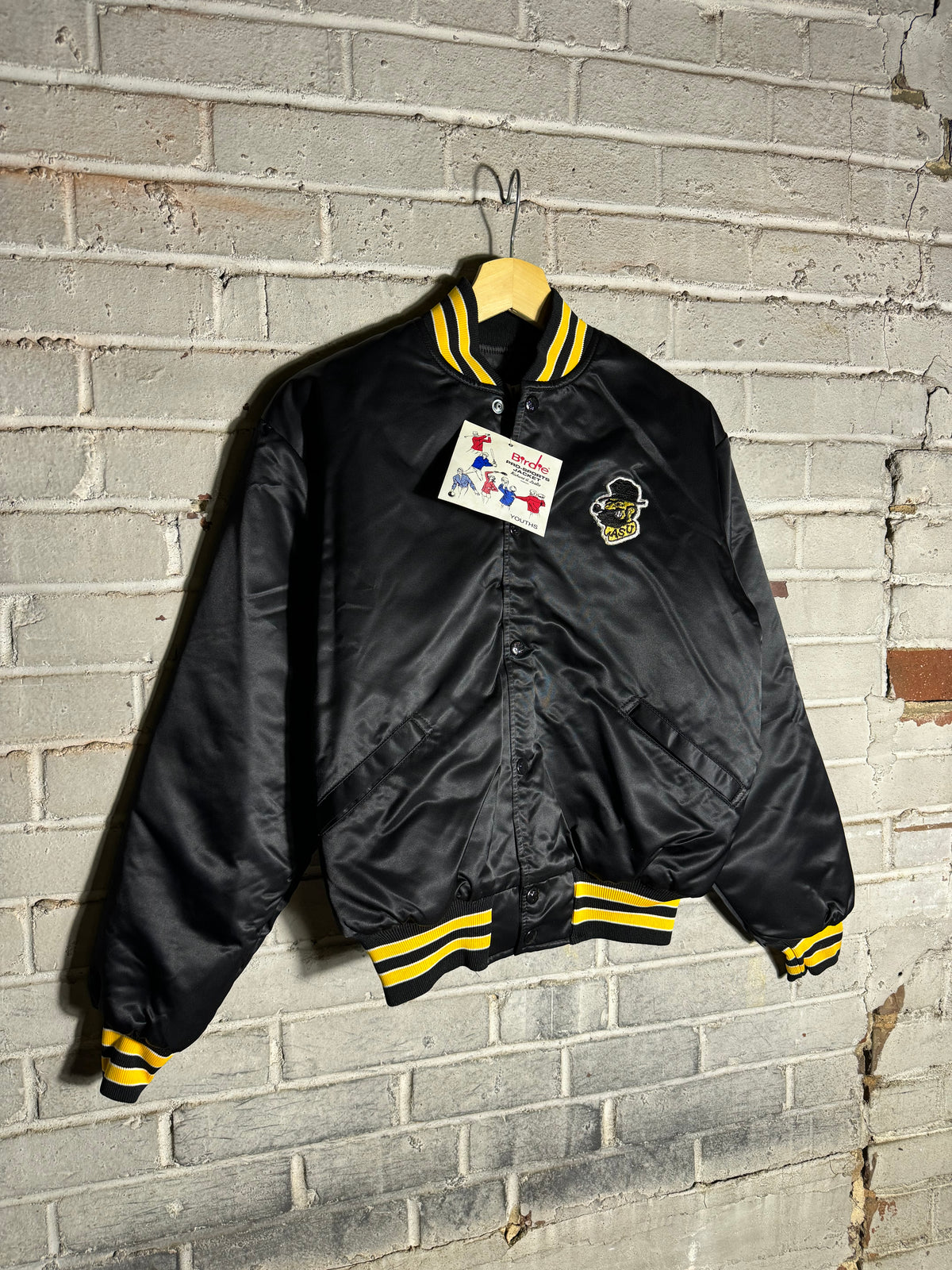 80’s Appalachian State University Mountaineers Vintage Black Yosef Mascot Logo College Satin Jacket - Deadstock (Small)