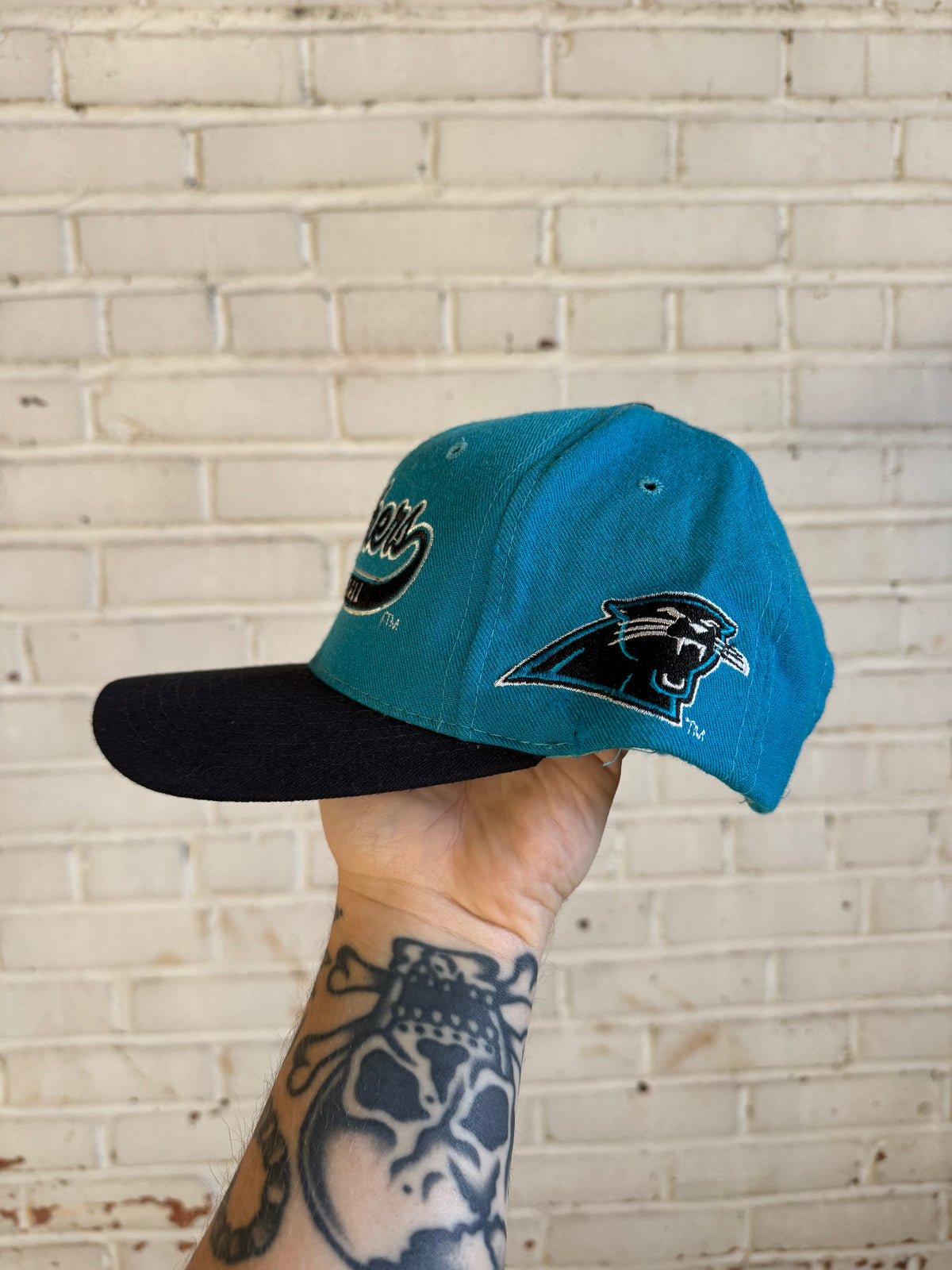 90’s Carolina Panthers Vintage Blue Black Starter Wool Tailsweep Script NFL Snapback Hat (OSFA)