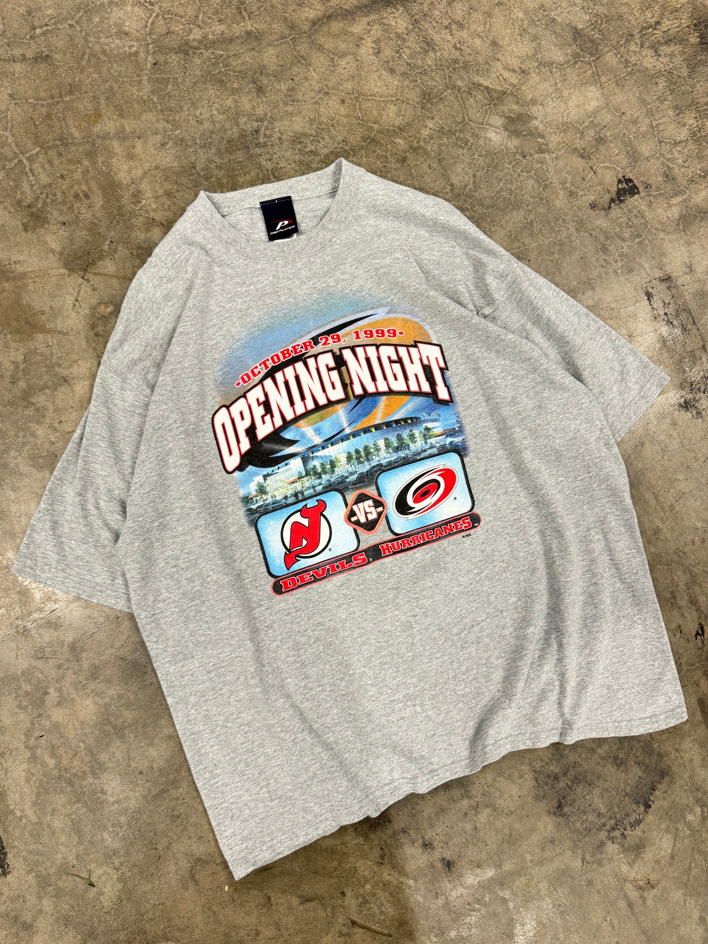 1999 Carolina Hurricanes vs. New Jersey Devils Opening Night Vintage Grey Pro Player NHL Hockey Tee (XXL)