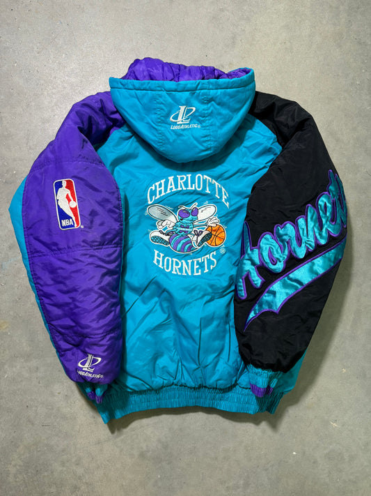 90’s Charlotte Hornets Vintage Logo Athletic Colorblocked Script Spellout NBA Puffer Jacket (Large)